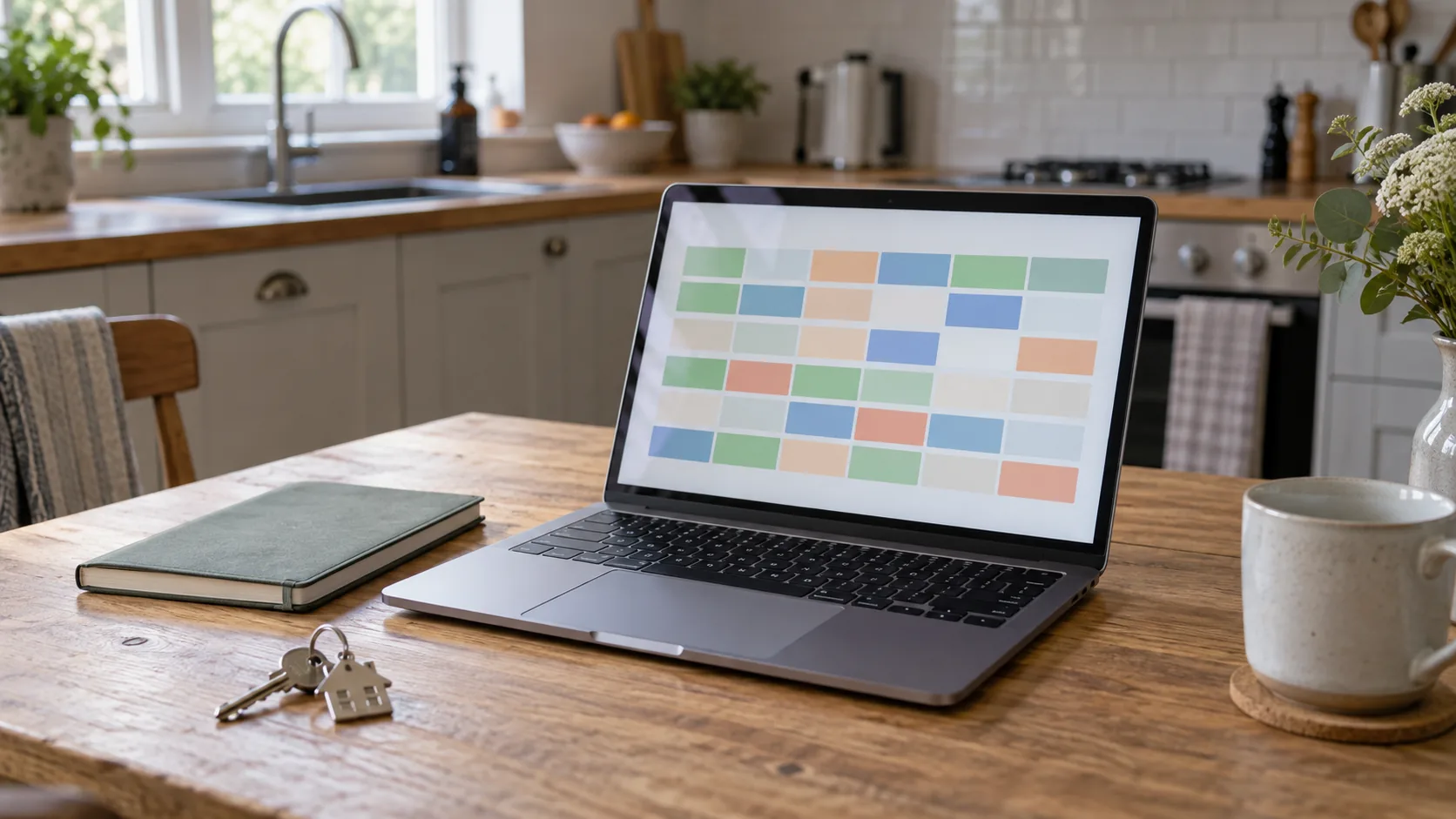 A laptop showing a booking calendar on a kitchen table beside a notebook and keys.