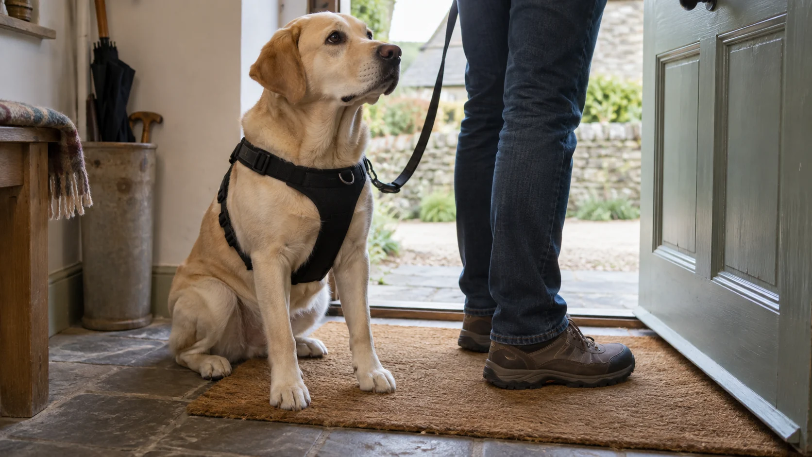 An assistance dog in a harness waiting at the front door of a holiday cottage.