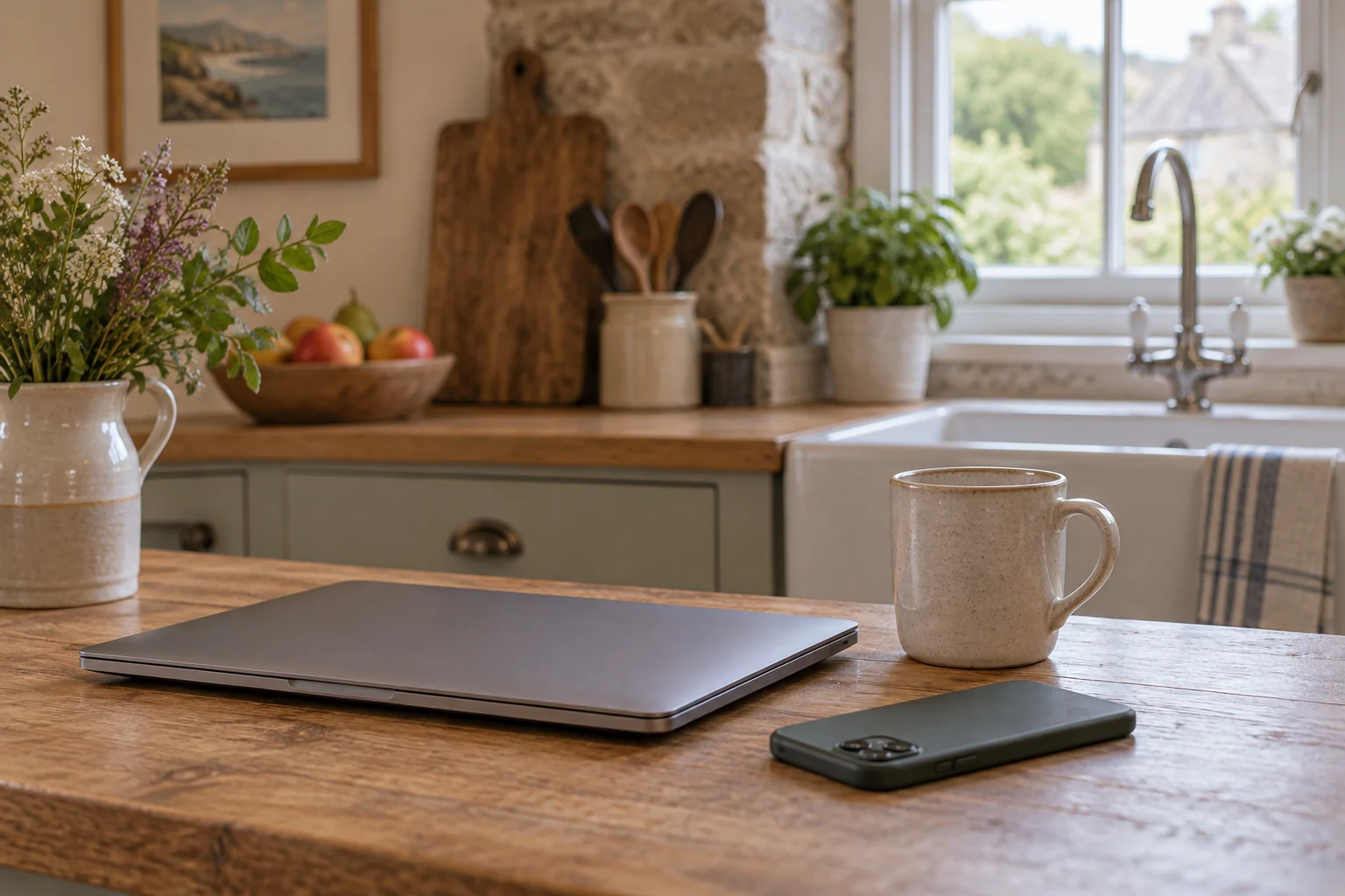 A phone face-down beside a closed laptop and a mug on a cottage kitchen worktop.