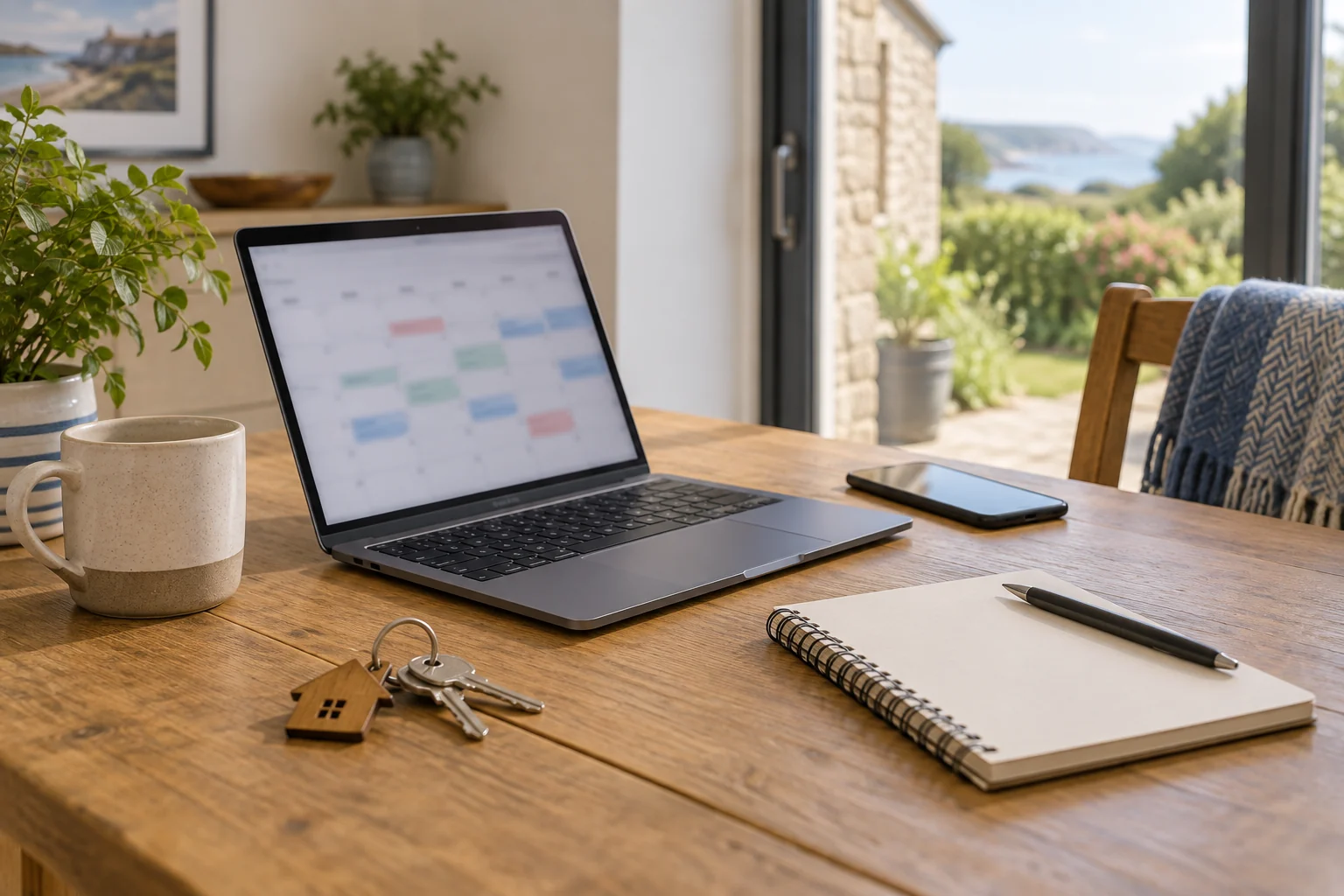 A laptop with an abstract calendar view, keys and notebook on a host workspace.