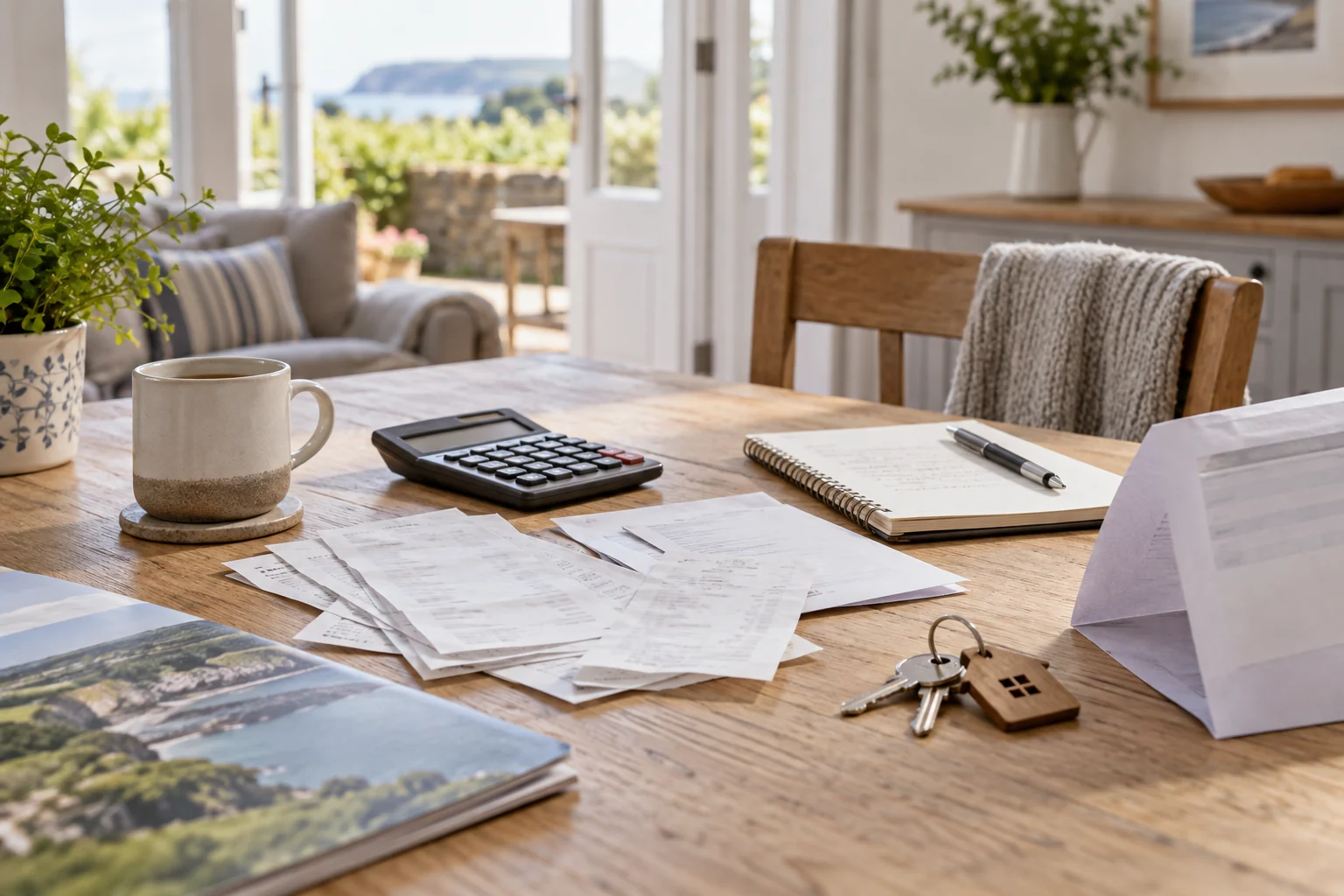 A practical workspace with a calculator, receipts, notebook and holiday let keys.