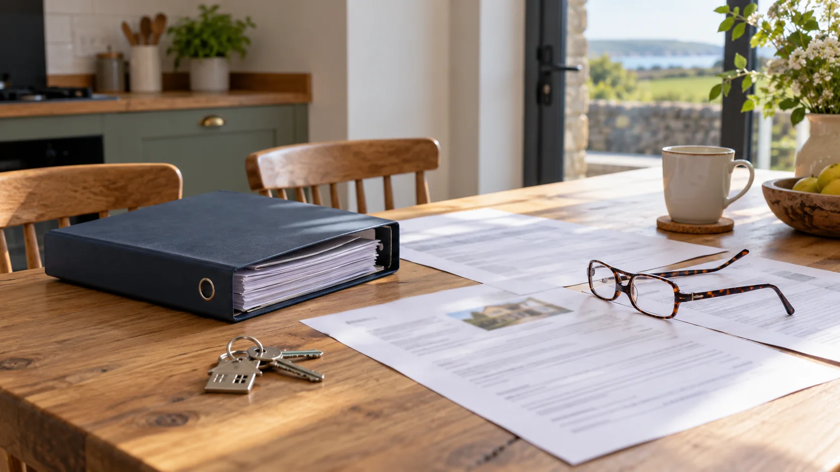 Property paperwork, reading glasses and a set of house keys on a kitchen table