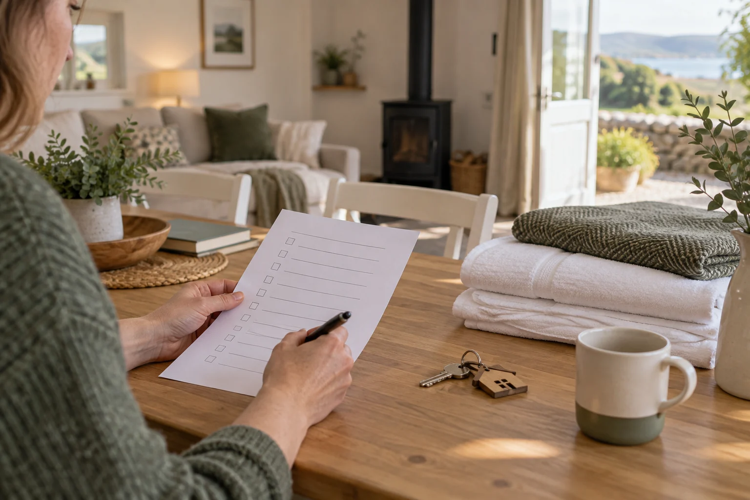 A host reviewing a property changeover checklist beside keys and folded linen.