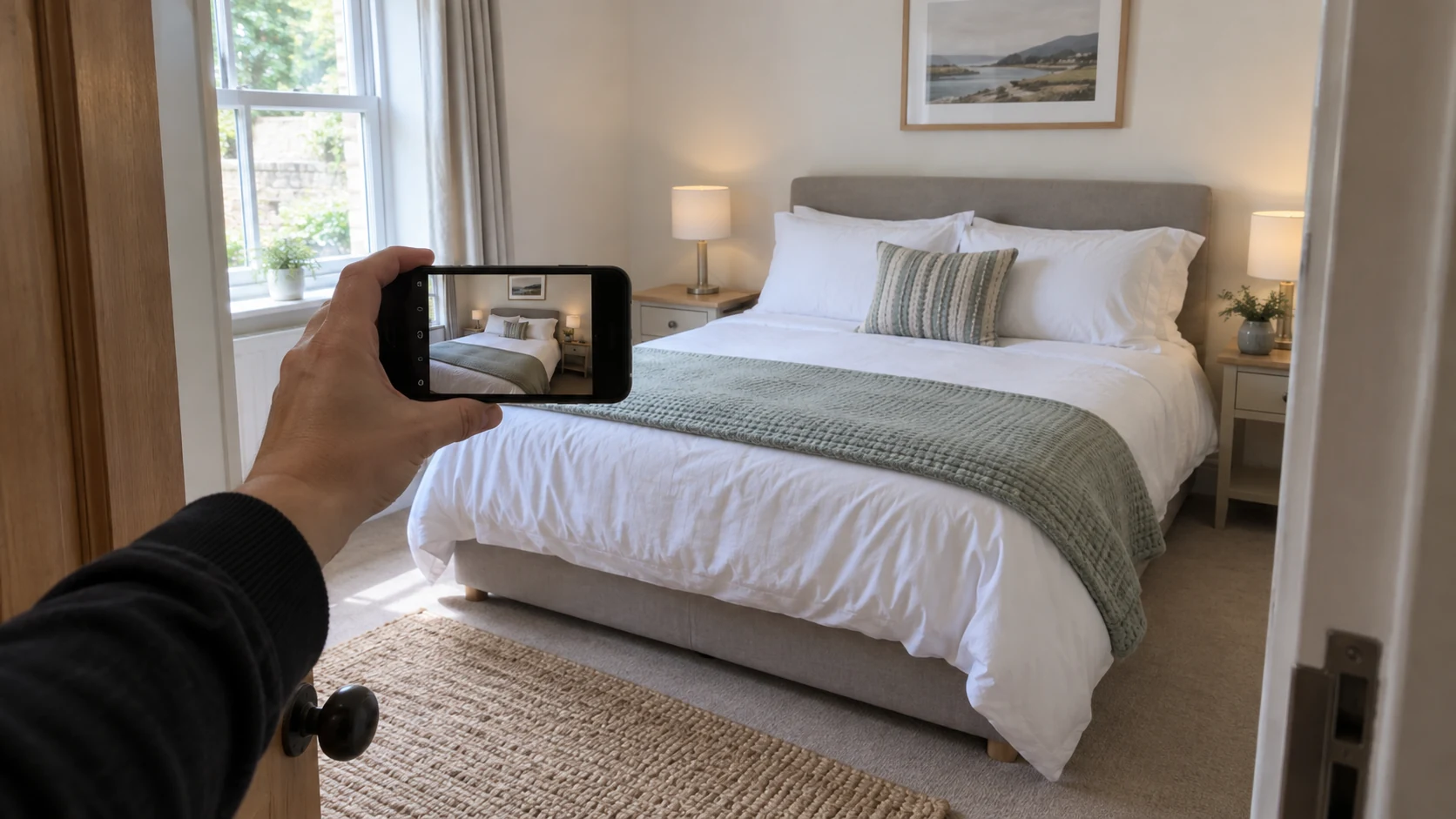A phone photographing a freshly made bed in a holiday let bedroom.