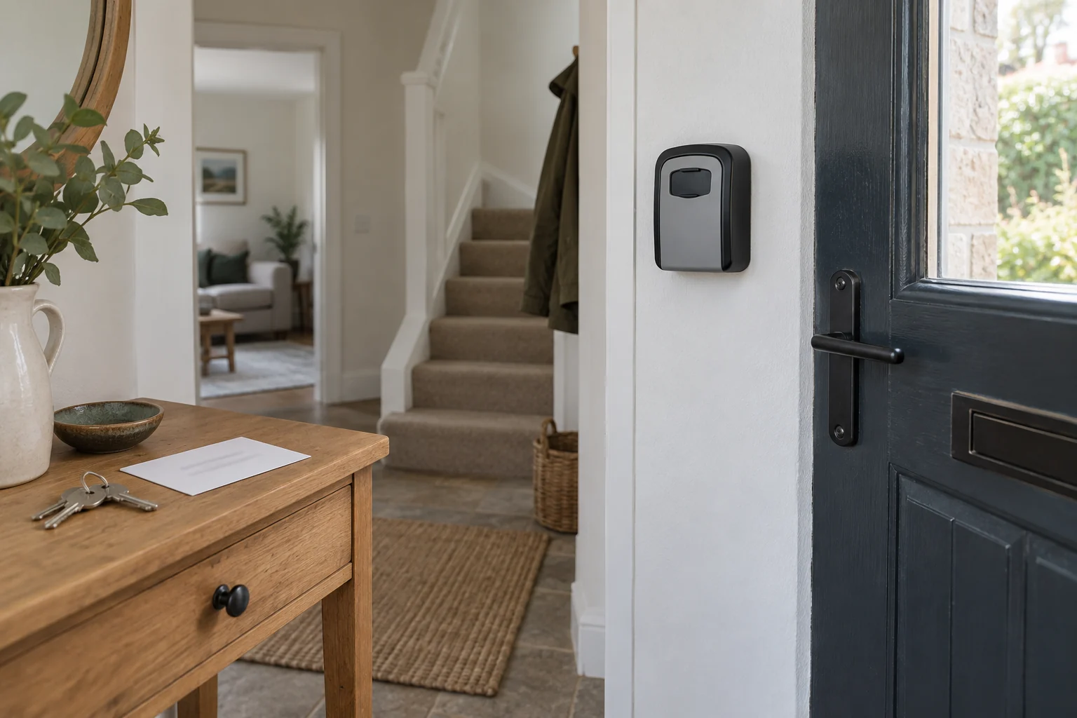 A modest holiday let entrance with a closed key safe and no visible access code.