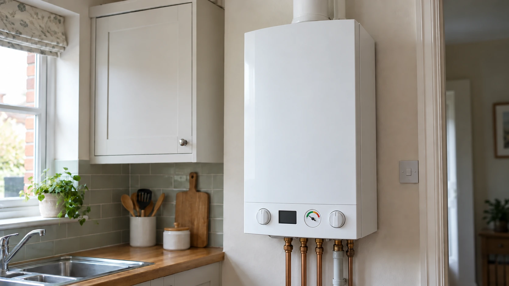 A combination boiler on a kitchen wall with its pressure gauge visible.