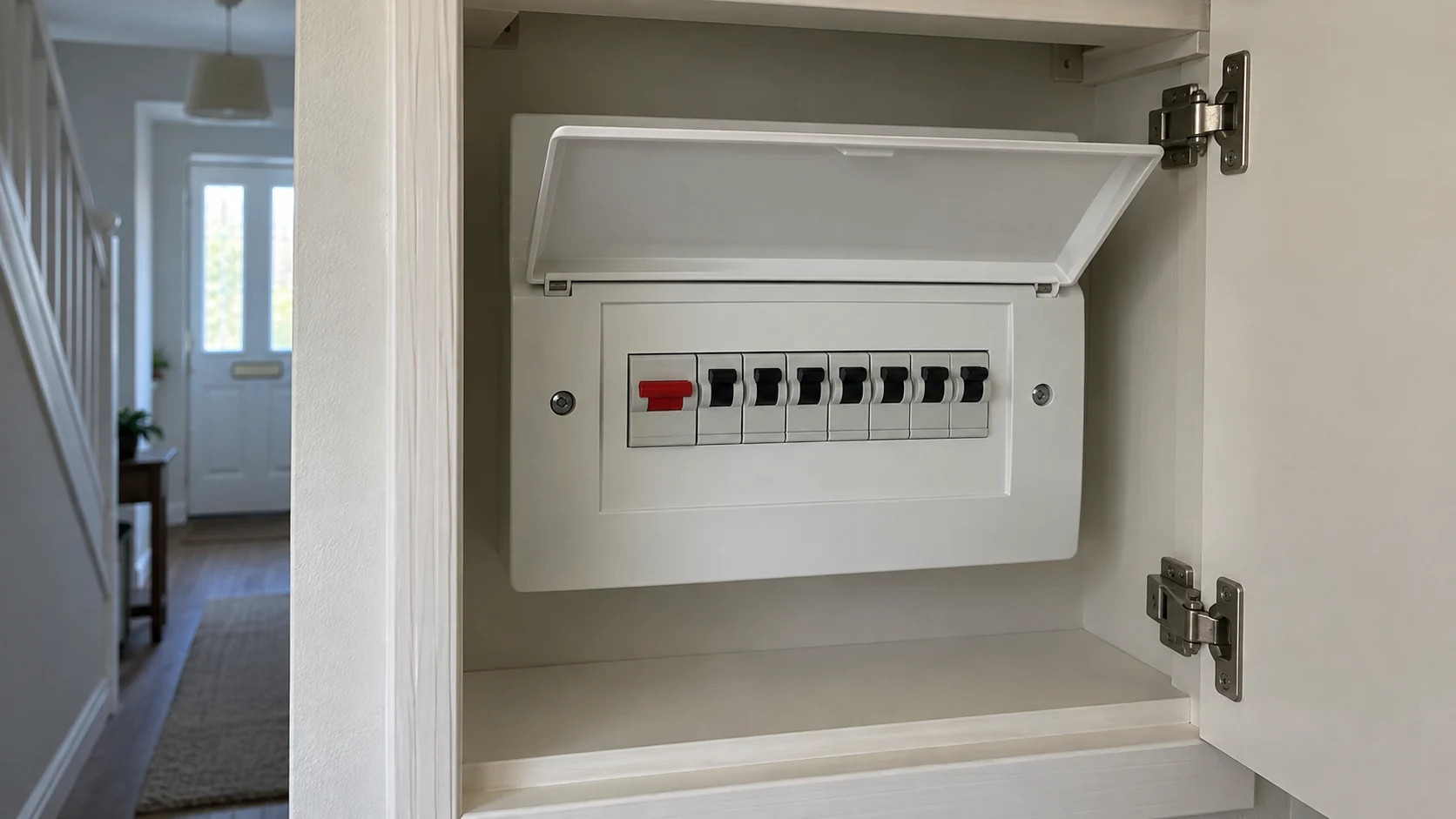 An open consumer unit showing a row of circuit breakers.