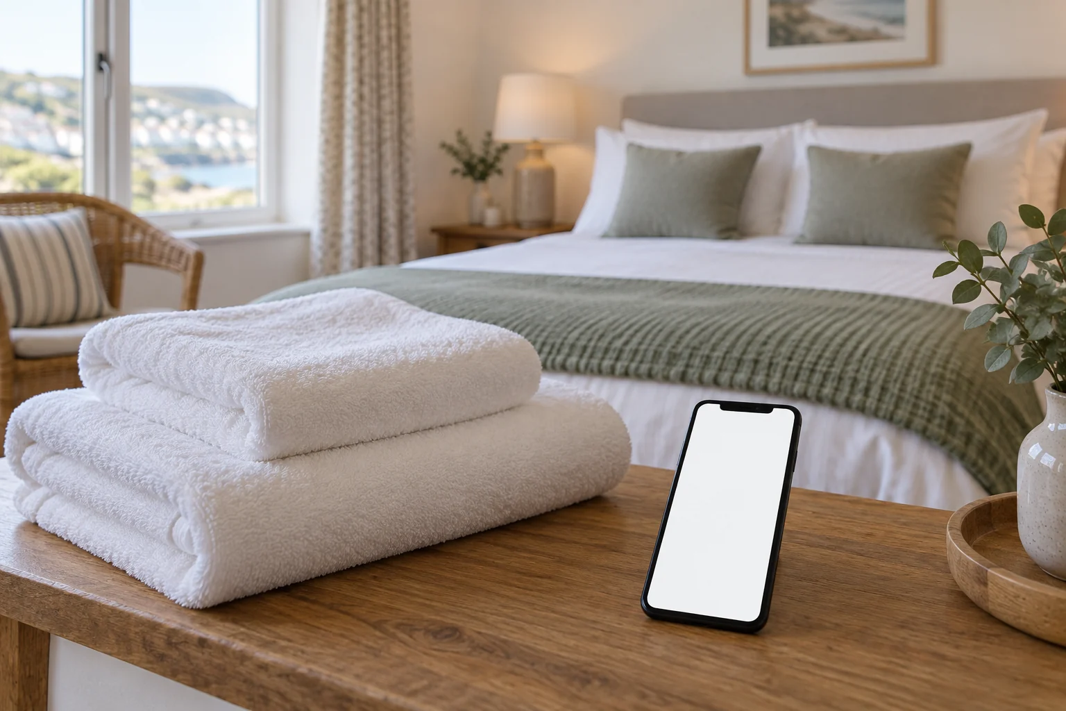 Fresh folded towels and a phone beside a made bed in a holiday let bedroom.