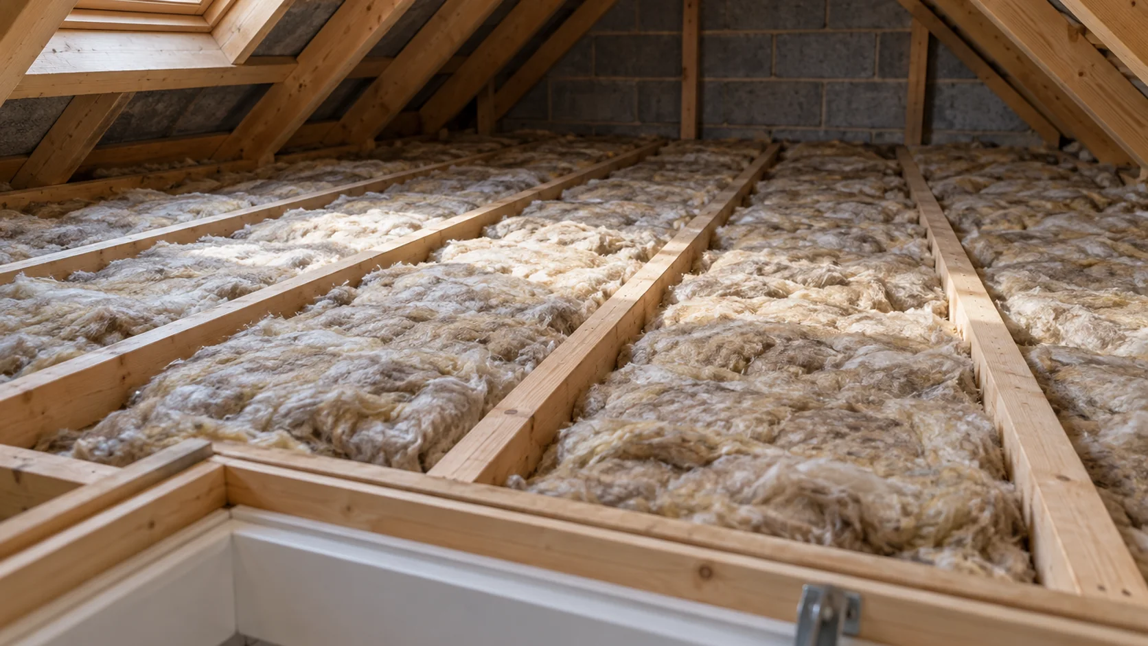Thick loft insulation laid between timber joists under a pitched roof