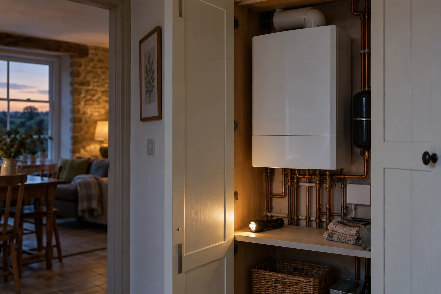 An open boiler cupboard with a torch on the shelf in a holiday let utility area.