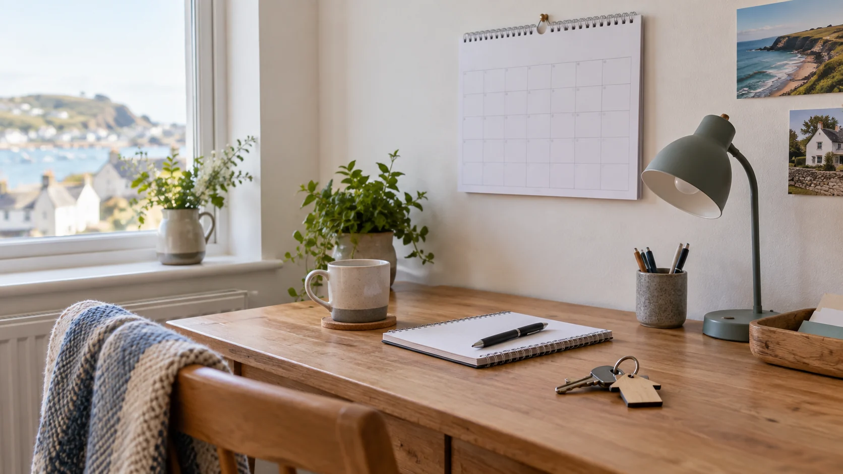 A blank planning calendar, notebook and keys at a simple host workspace.