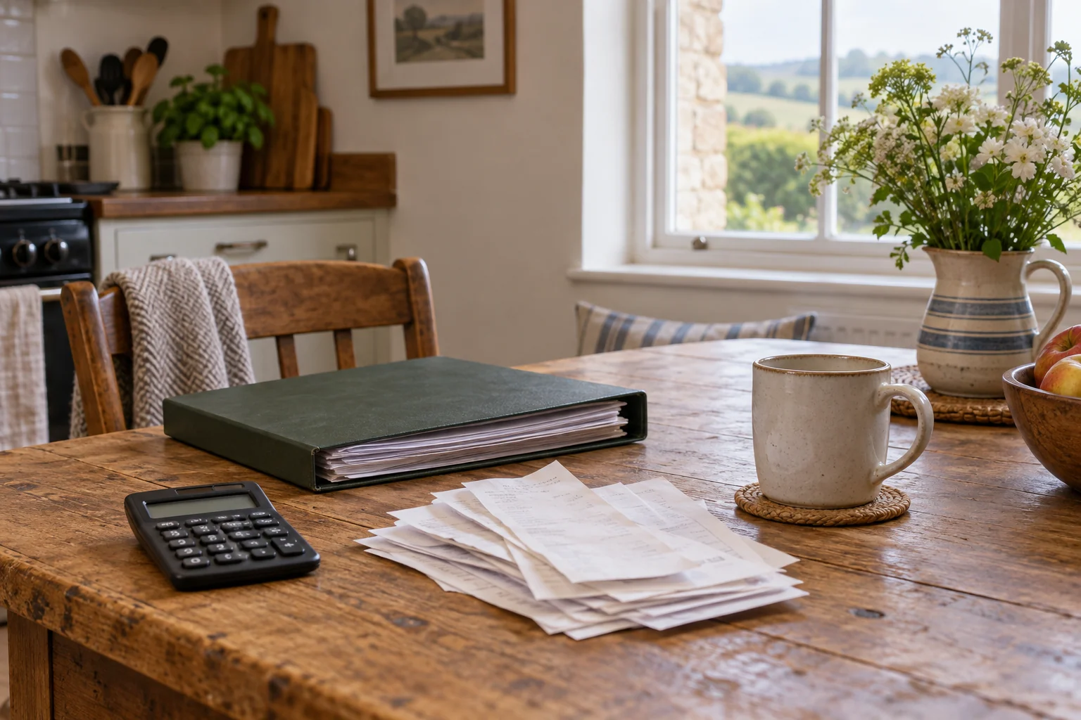 A calculator, folder of receipts and mug on a cottage kitchen table.