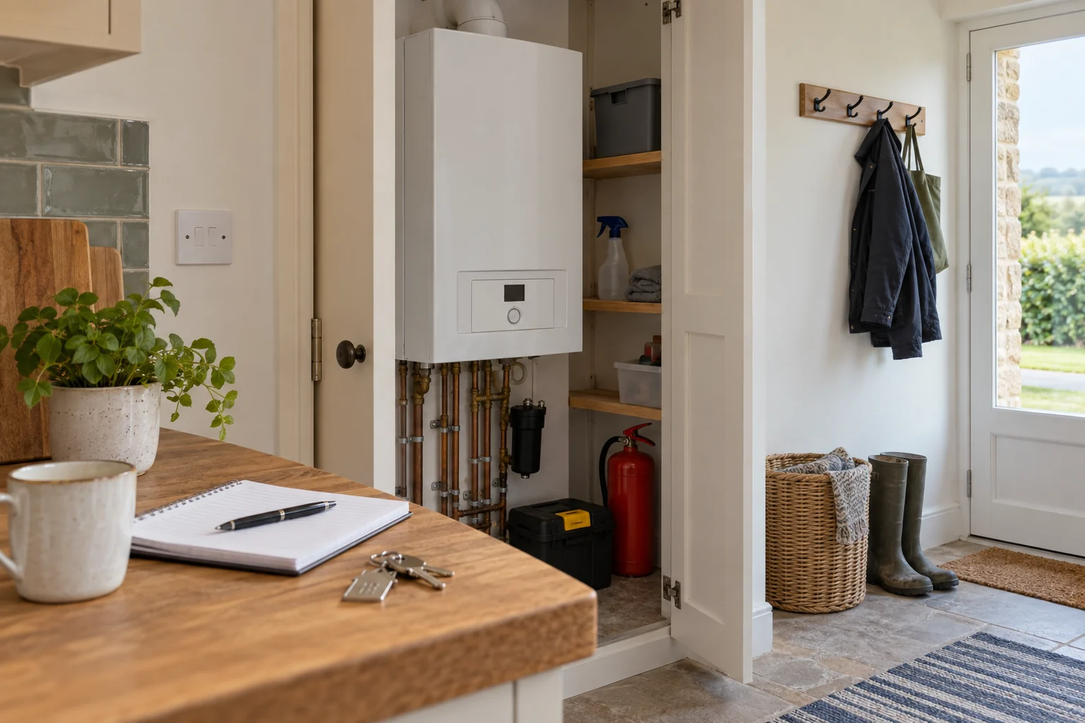 A holiday let utility cupboard with a boiler, safety equipment, notebook and keys.