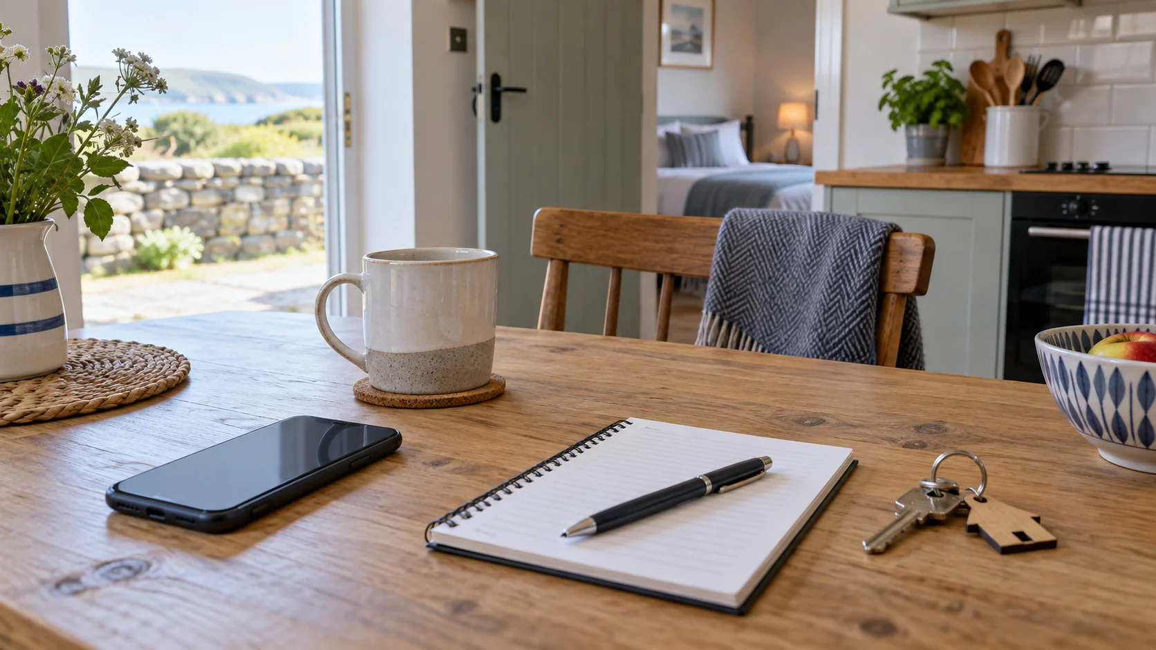 A phone, notebook and keys on a quiet kitchen table.