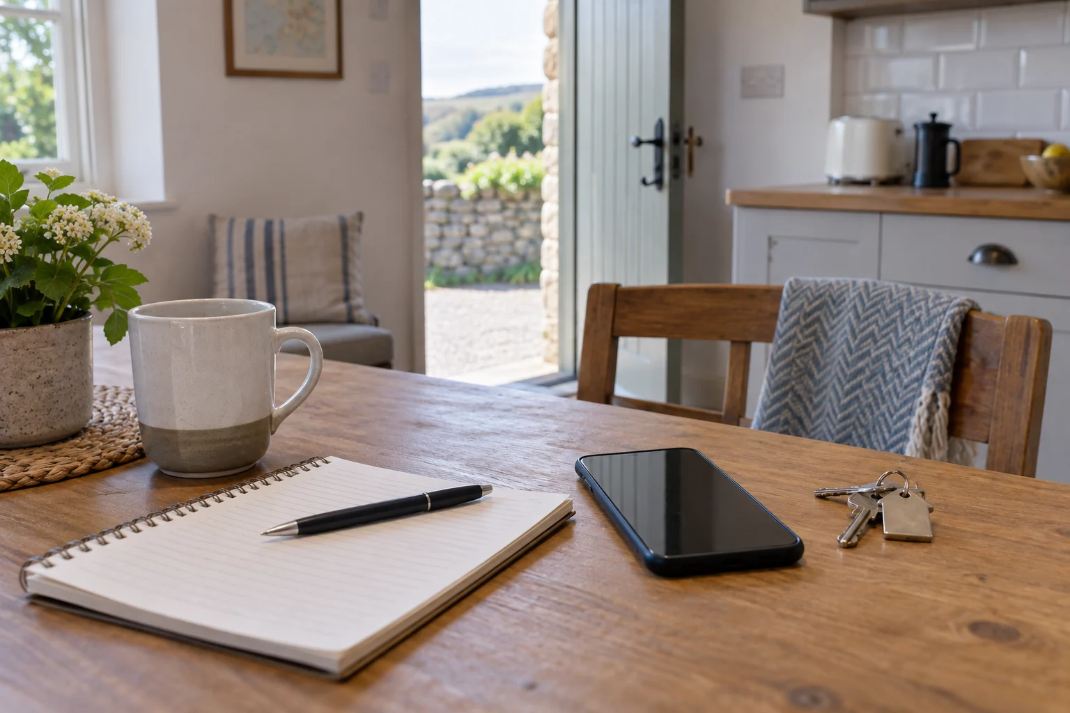 A phone, notebook, keys and mug on a holiday let kitchen table.