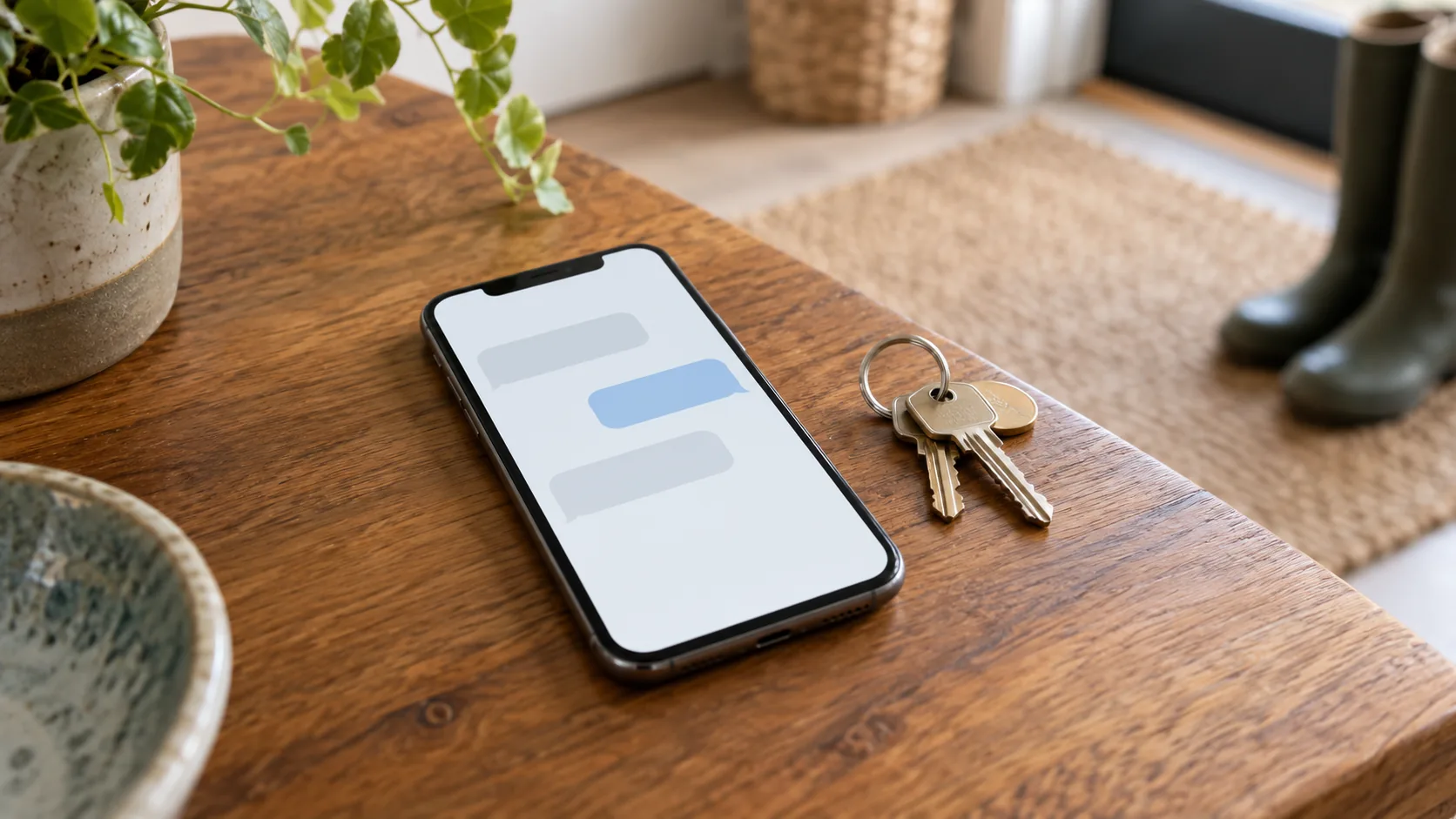 A phone showing a guest message thread on a table beside a set of keys.
