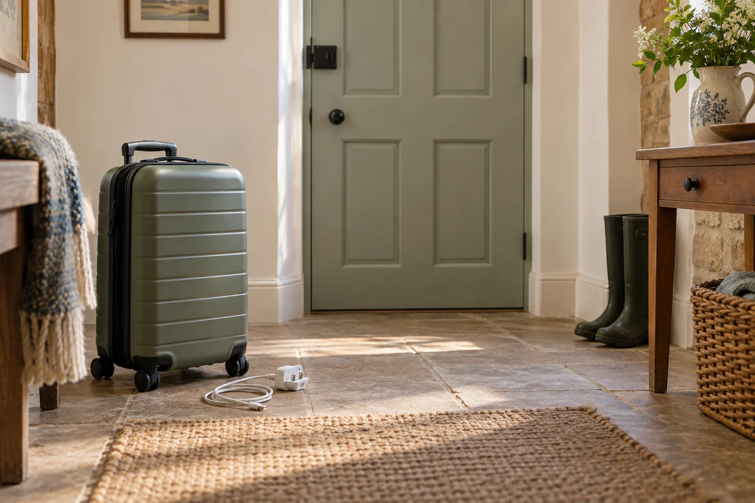 A suitcase and charging lead beside a closed cottage door in the morning.
