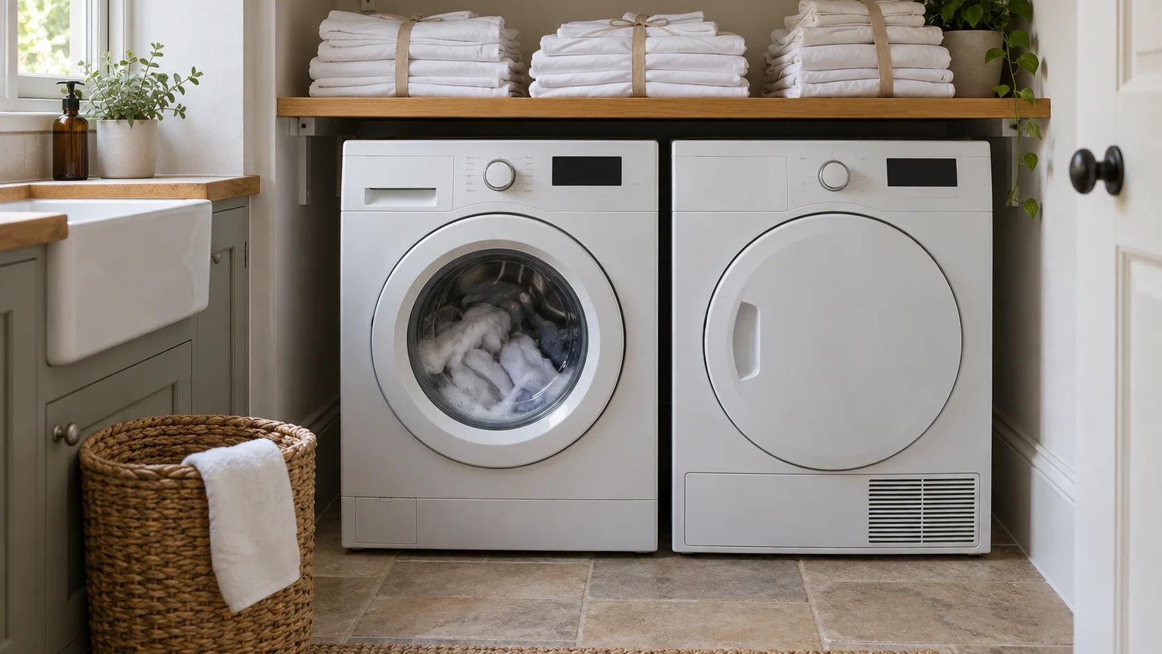 A utility room with a washing machine and dryer and bundled sets of folded white linen on a shelf