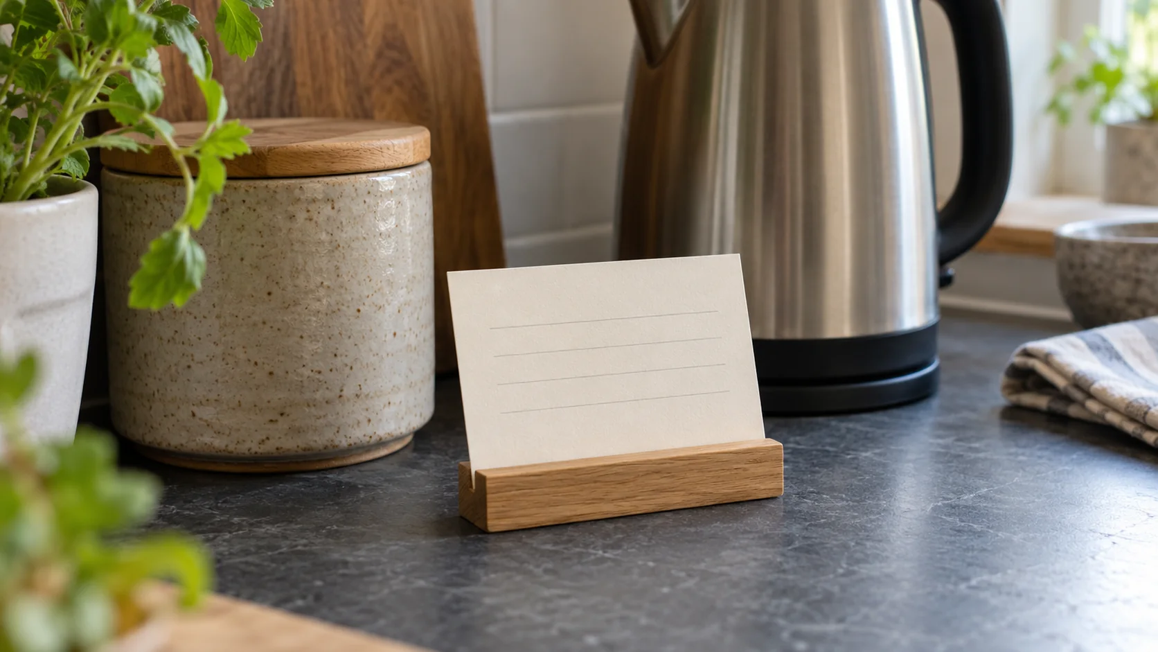 A small card in a wooden stand on a kitchen worktop beside a kettle