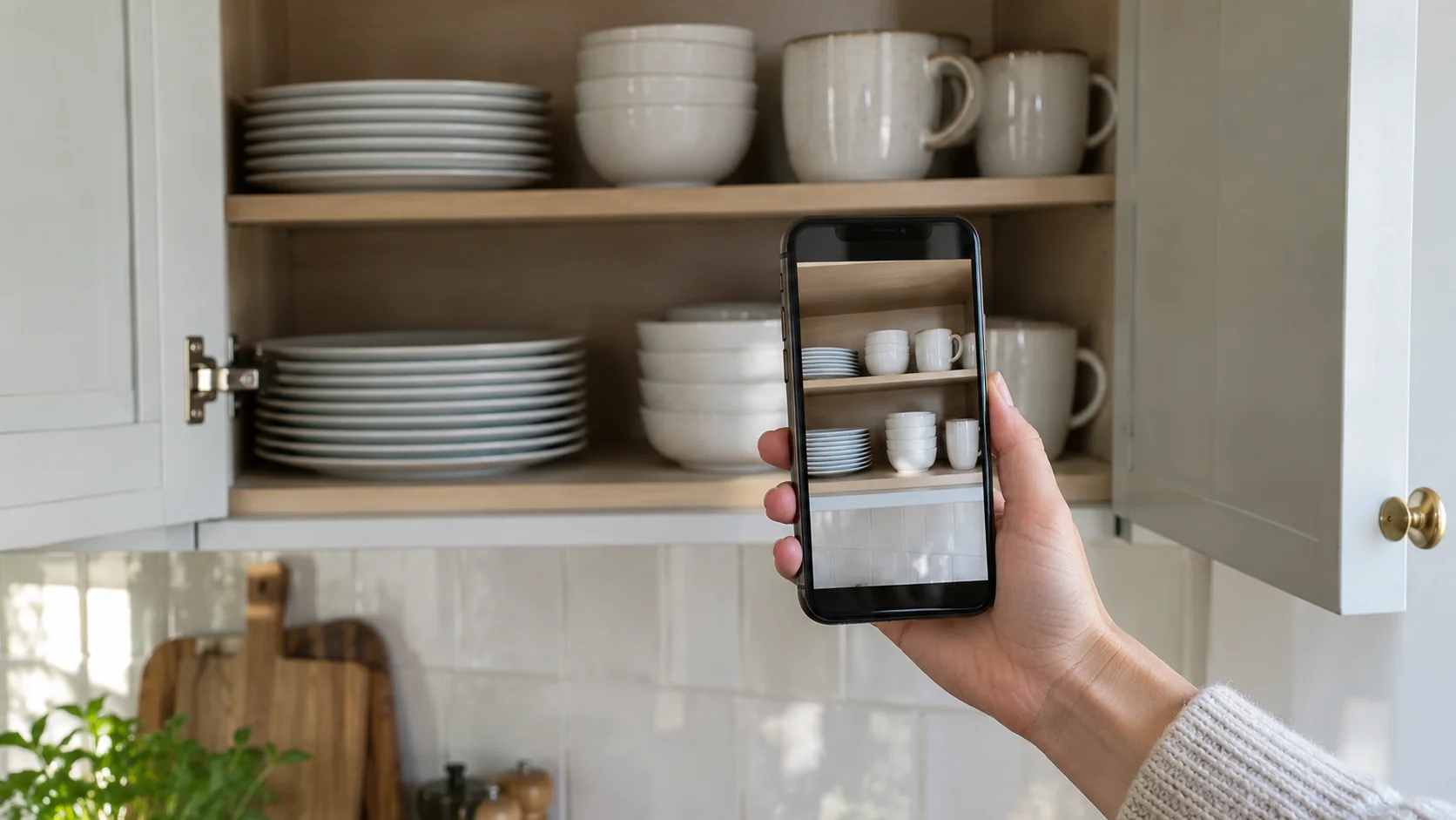 A phone taking a photo of an open kitchen cupboard with stacked plates, bowls and mugs