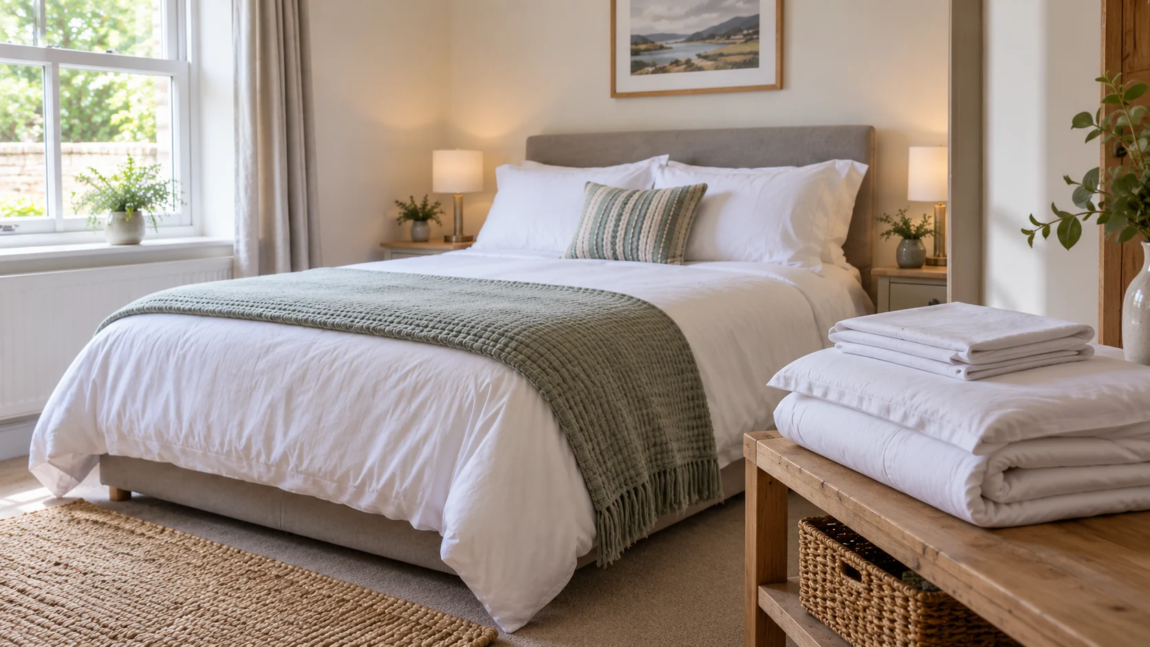 Plain white bedding on a holiday-let bed, with an extra folded linen set on a bench