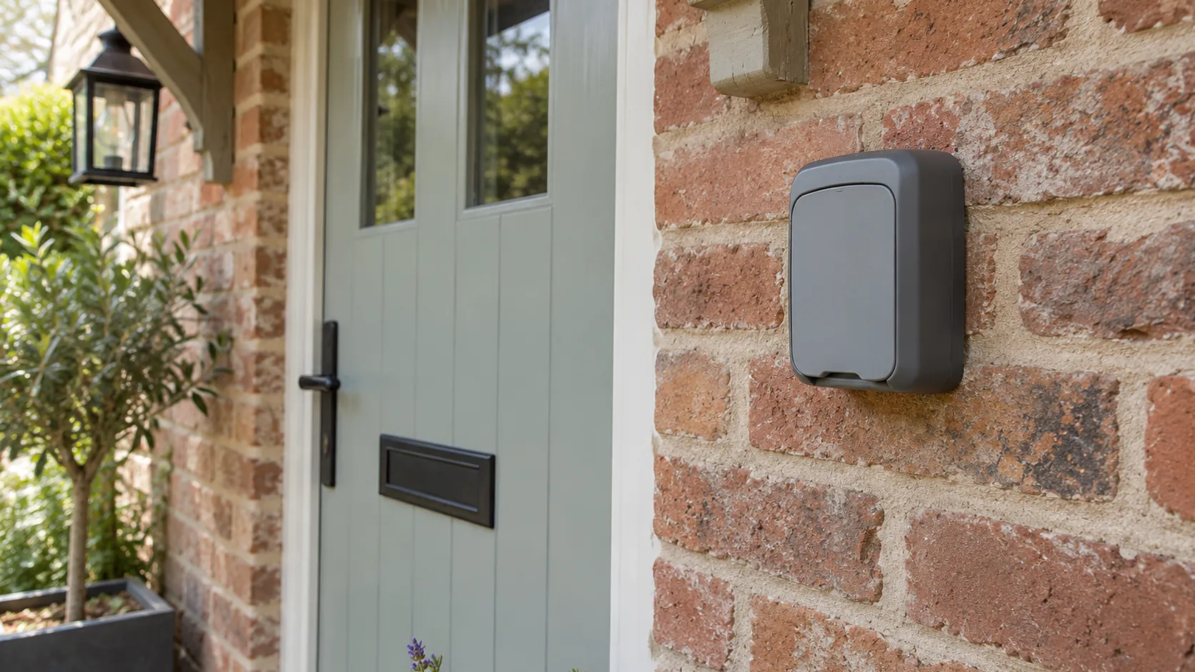 A grey key safe with a sliding cover fixed to a brick wall beside a front door