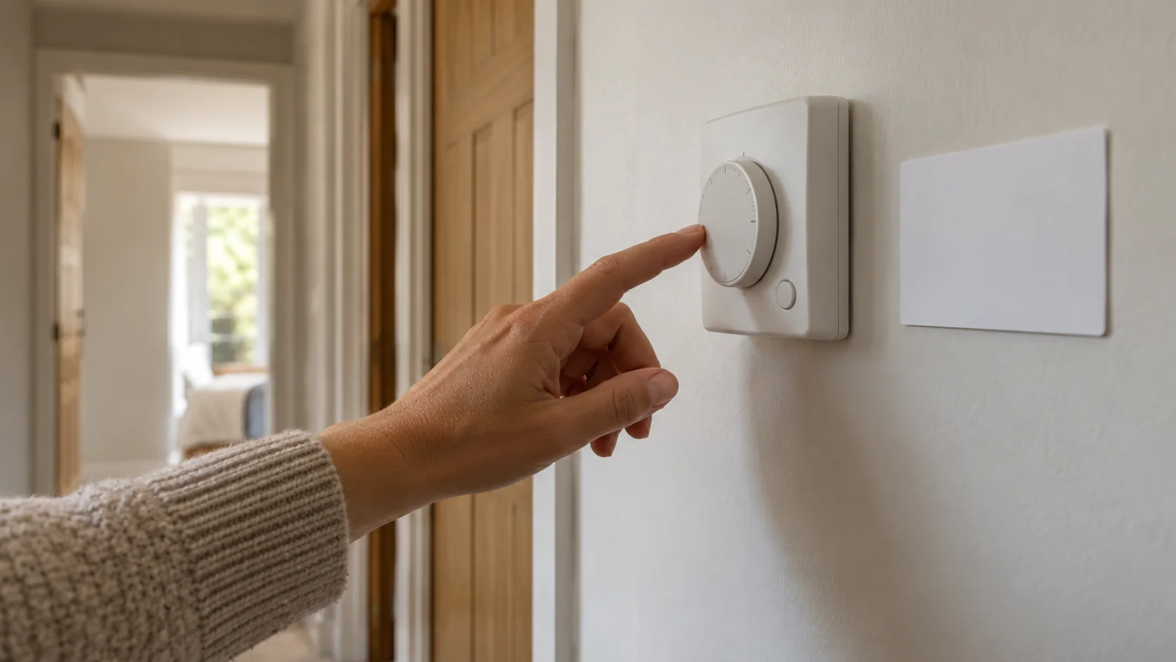 A hand pointing at a wall thermostat with a small card fixed beside it