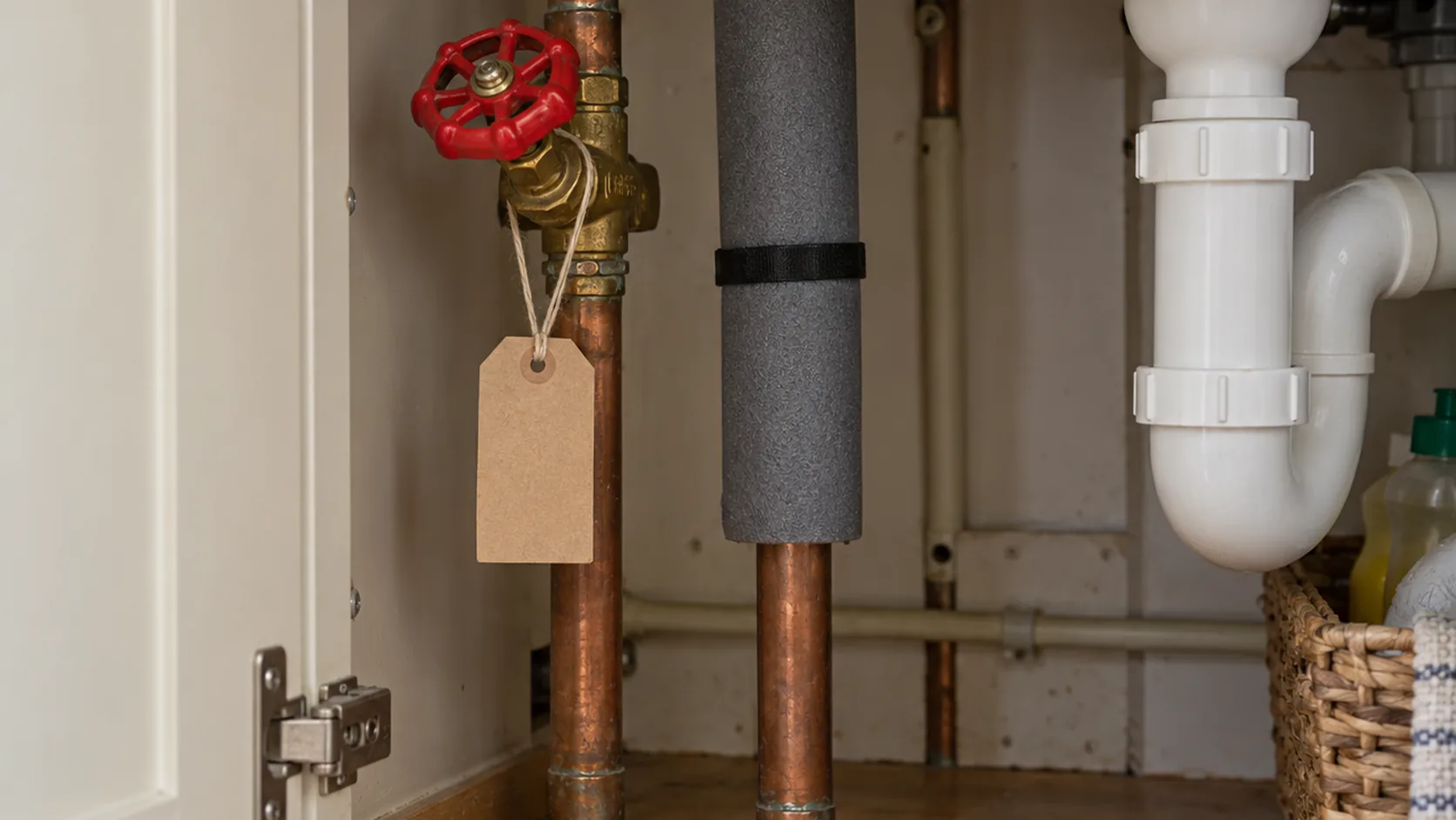 A brass stopcock with a red handle under a kitchen sink, with a blank tag tied to it.