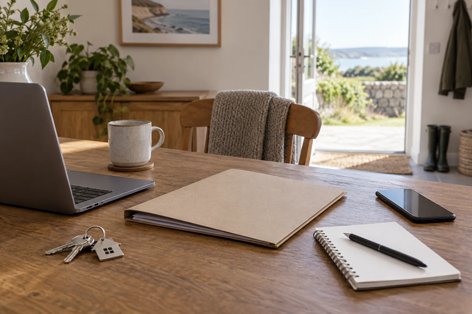 A plain property folder, notebook, keys and phone on a modest home workspace.
