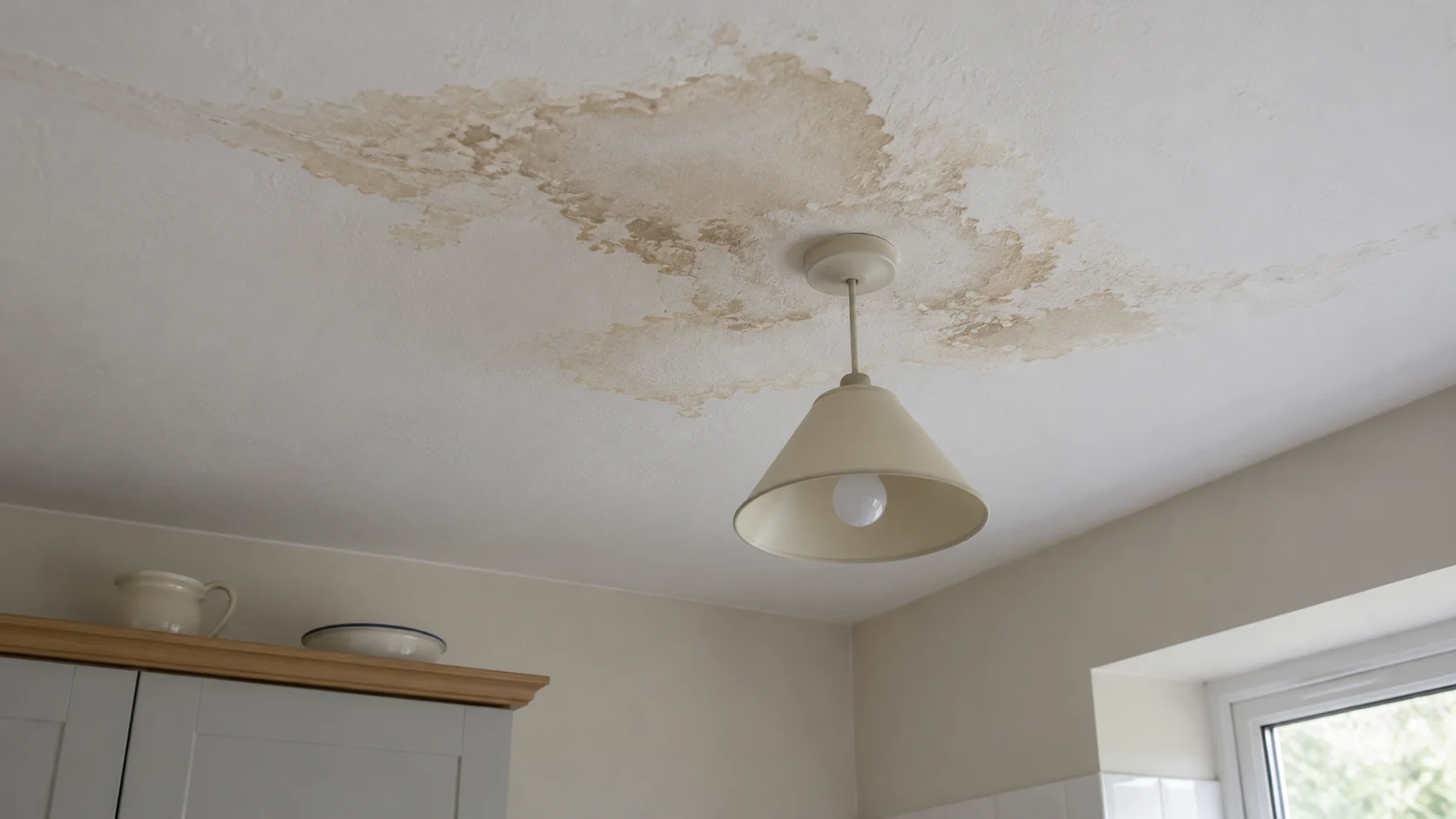A water stain spreading across a kitchen ceiling.