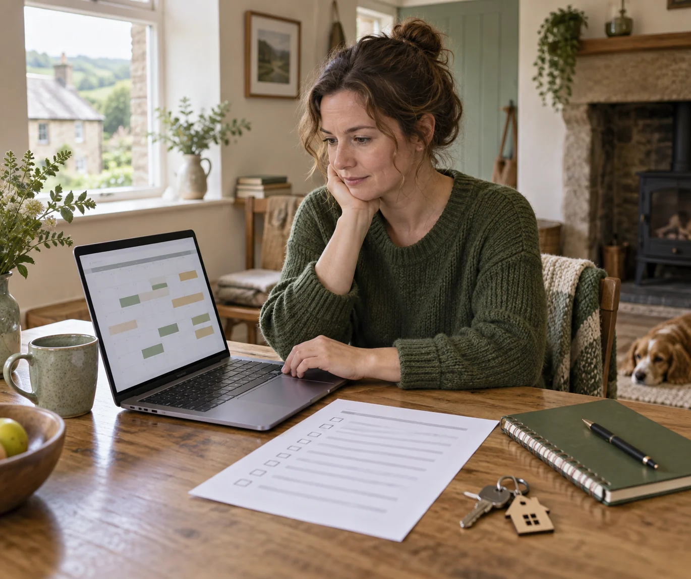 A holiday let host reviewing a booking calendar and migration plan on a laptop beside keys and notes.