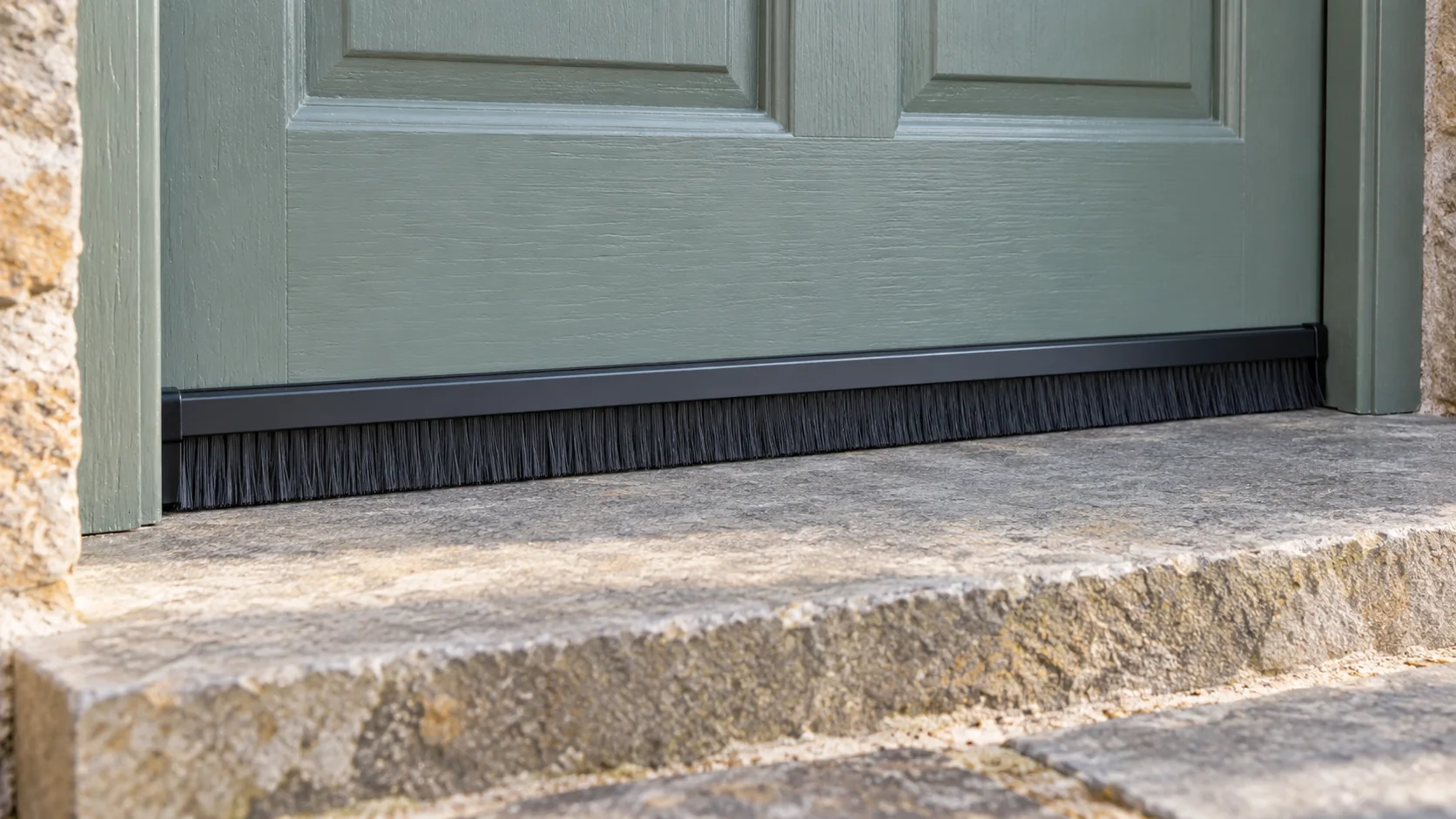A brush strip fitted along the bottom of an external door, closing the gap above the threshold