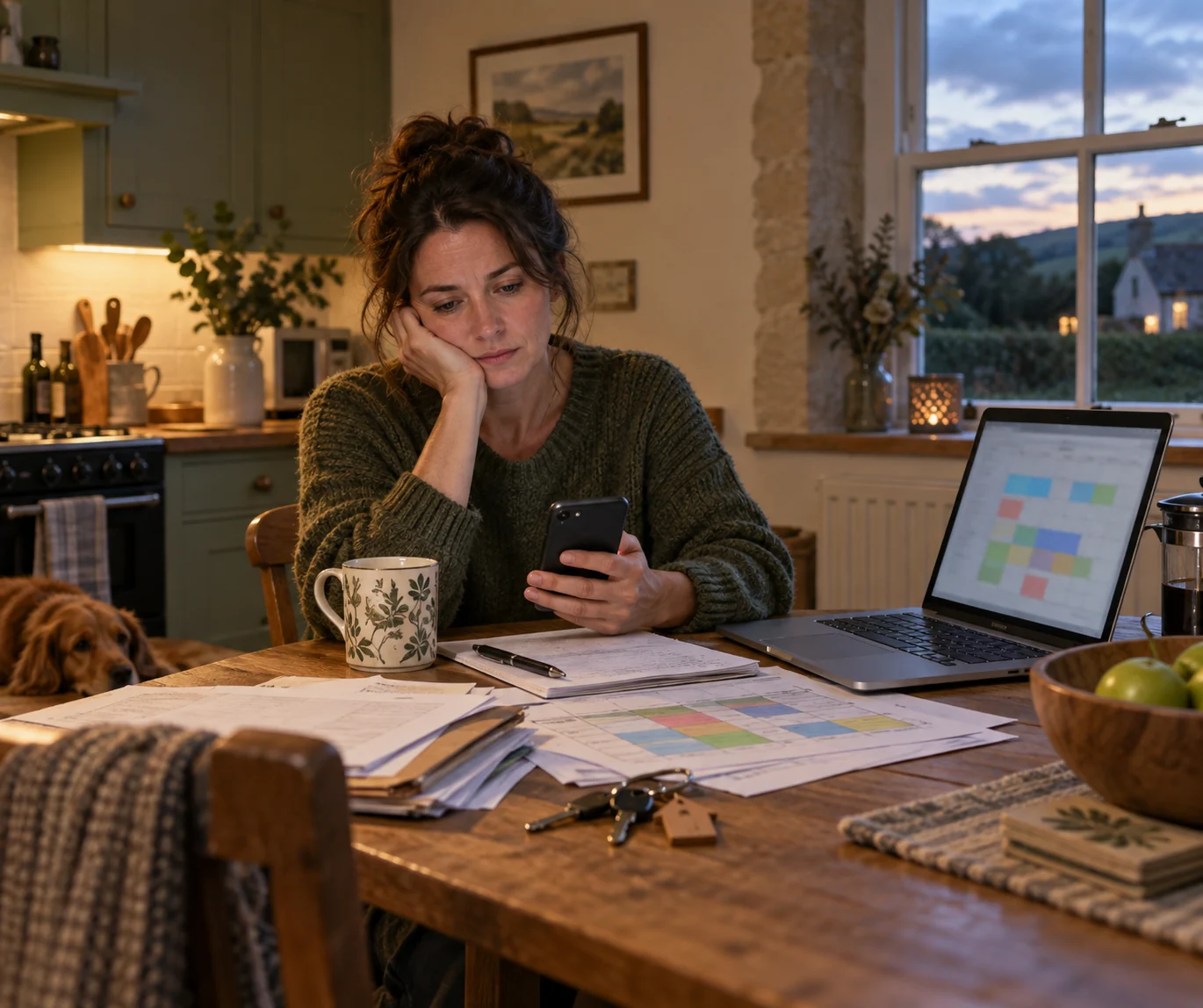A tired but composed holiday let host at a kitchen table with a phone, laptop, keys and booking papers.