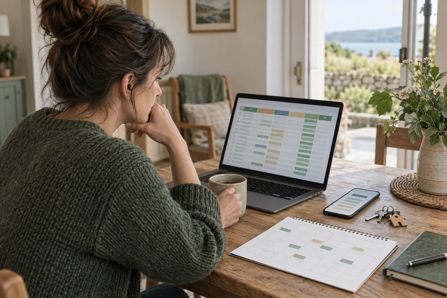 A host reviewing abstract spreadsheet rows on a laptop beside a phone, calendar, keys and a mug.