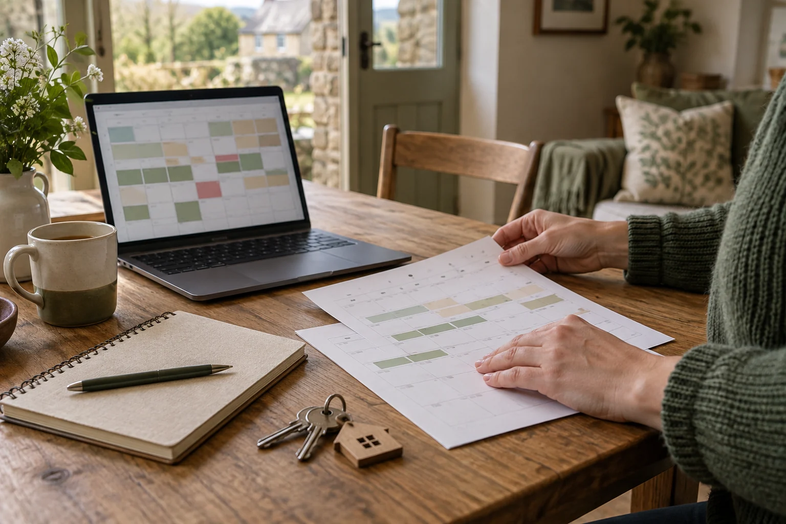 A holiday let host planning a change of management at a table with a laptop, calendar, keys and notebook.