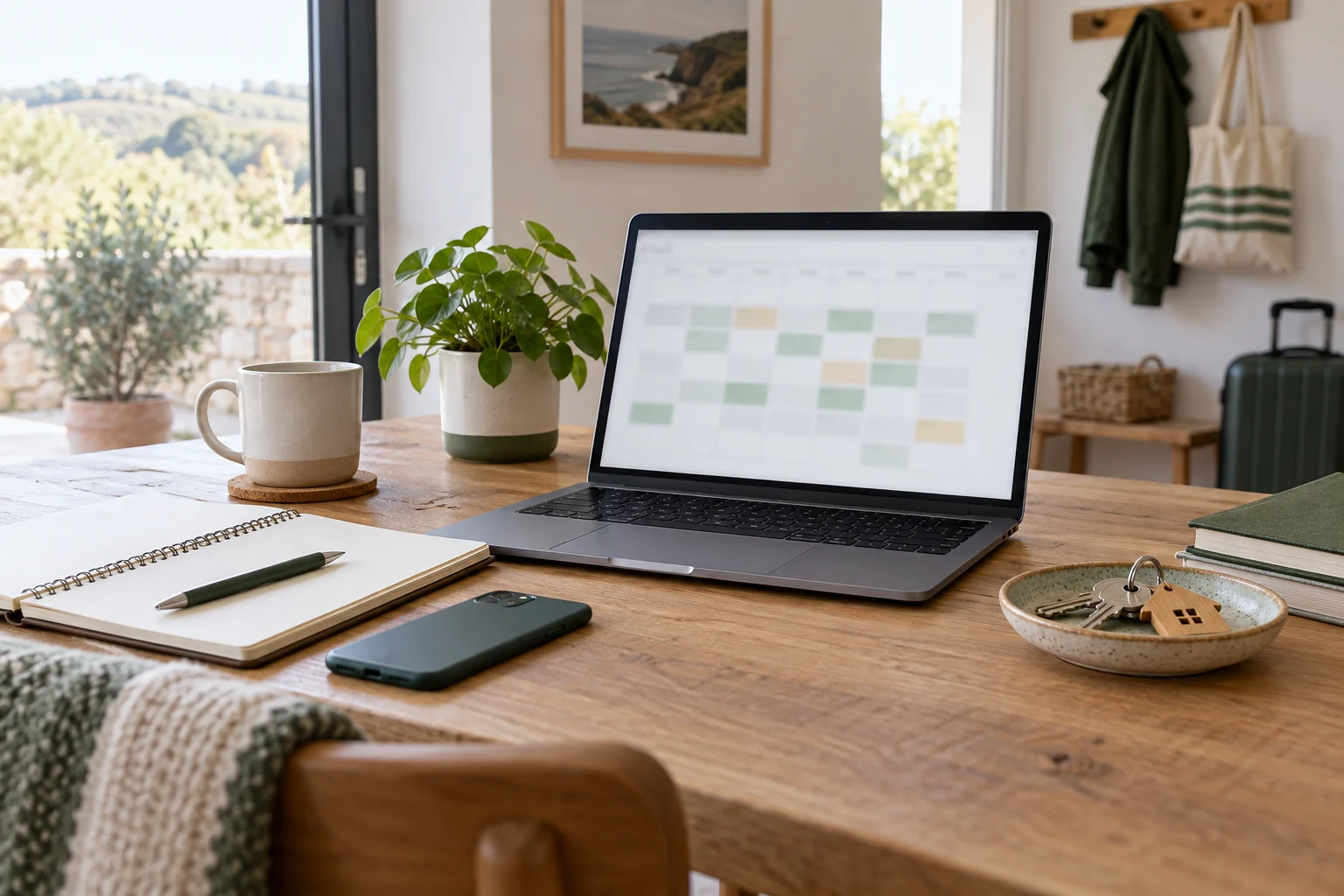 A modest workspace with an abstract calendar screen, notebook, phone and holiday let keys.