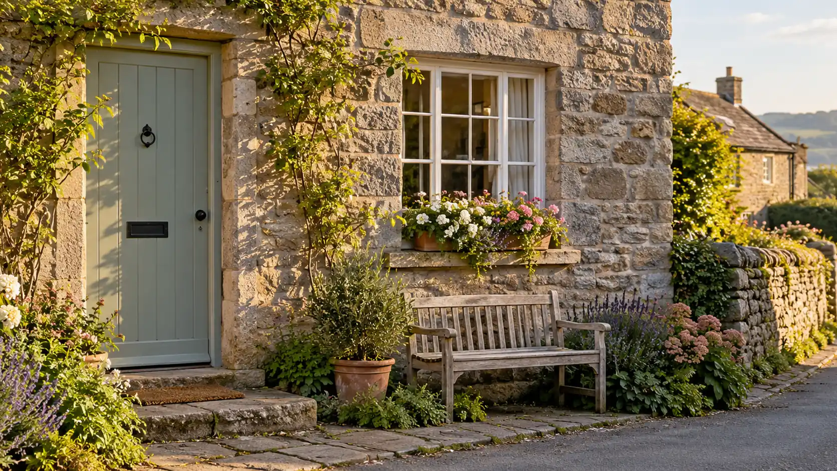 A small stone cottage on a quiet village lane with a bench under the front window