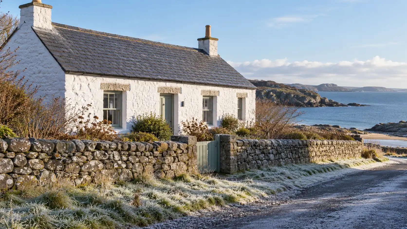 A whitewashed cottage with a slate roof on a quiet coastal lane on a frosty morning