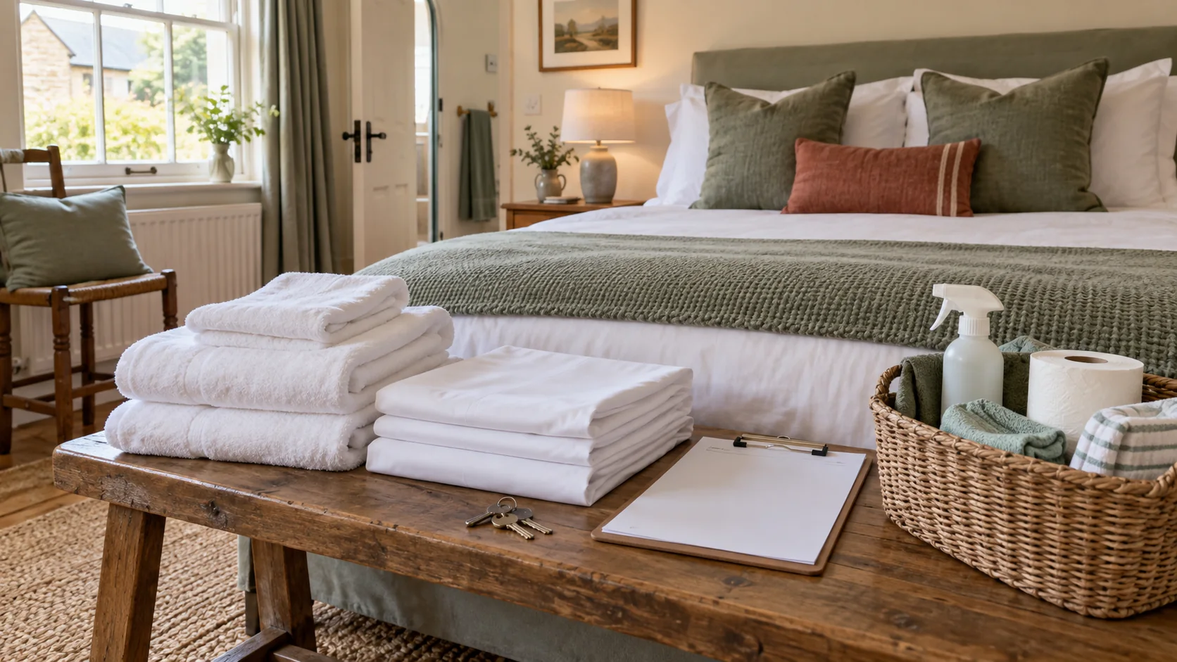 Fresh towels, keys and a blank checklist laid out for a holiday let changeover