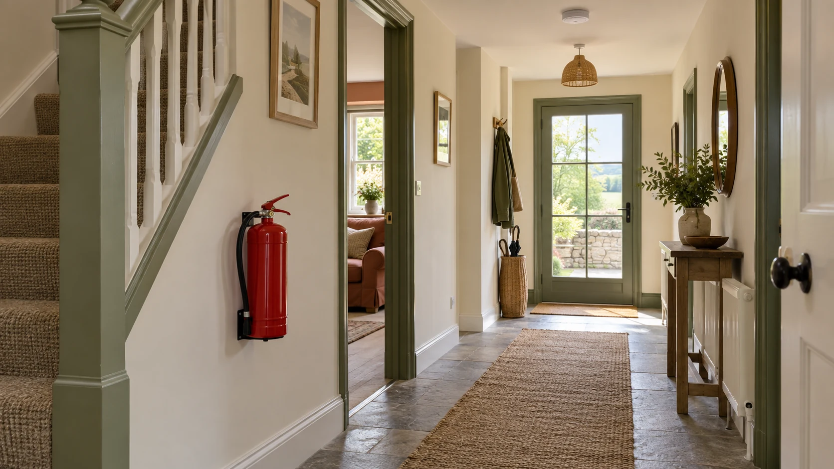 Fire extinguisher and smoke alarm on a clear holiday let hallway escape route.