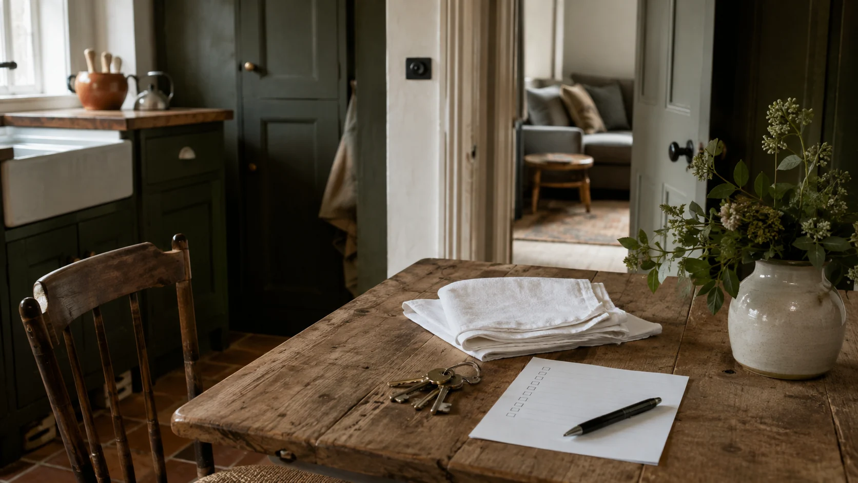 Folded linen, a set of keys and a notepad with a pen on a wooden kitchen table.