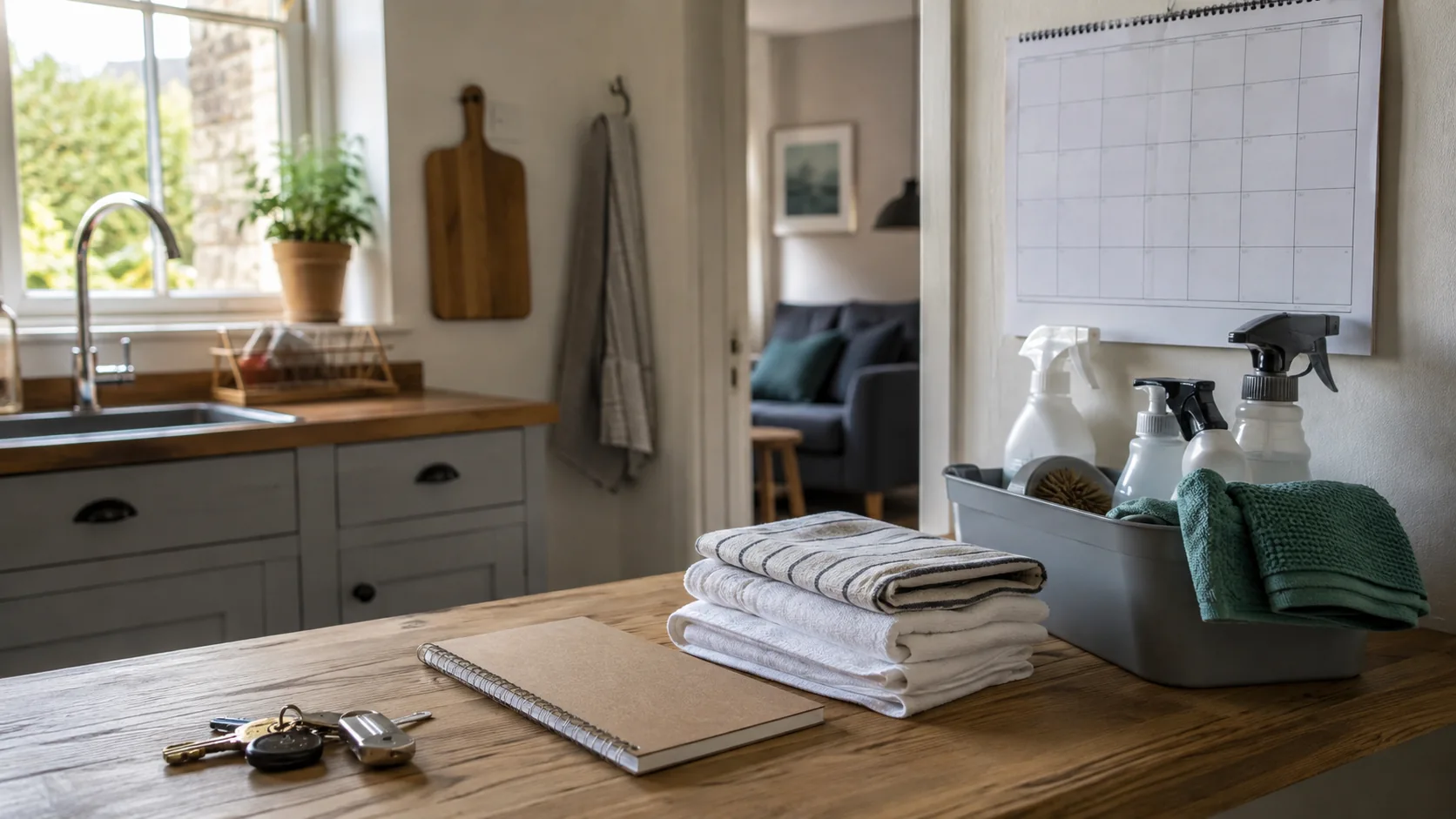 Folded towels, cleaning supplies, keys and a notebook on a kitchen table, with a blank planner on the wall