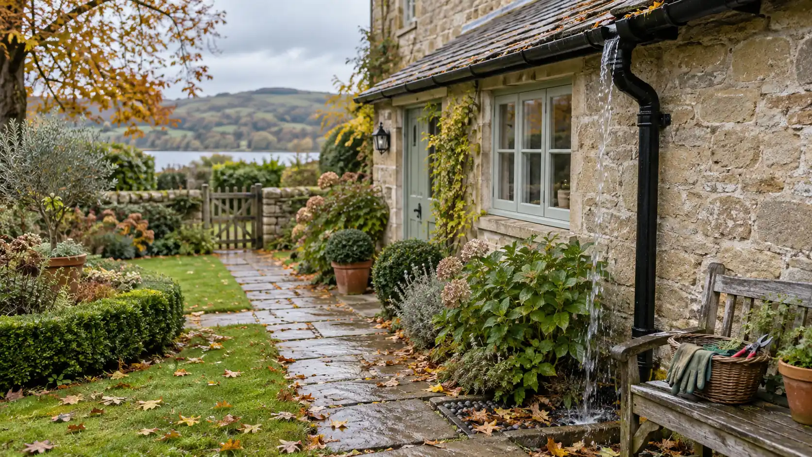 Stone holiday cottage with autumn leaves and a rainwater gutter ready for seasonal maintenance