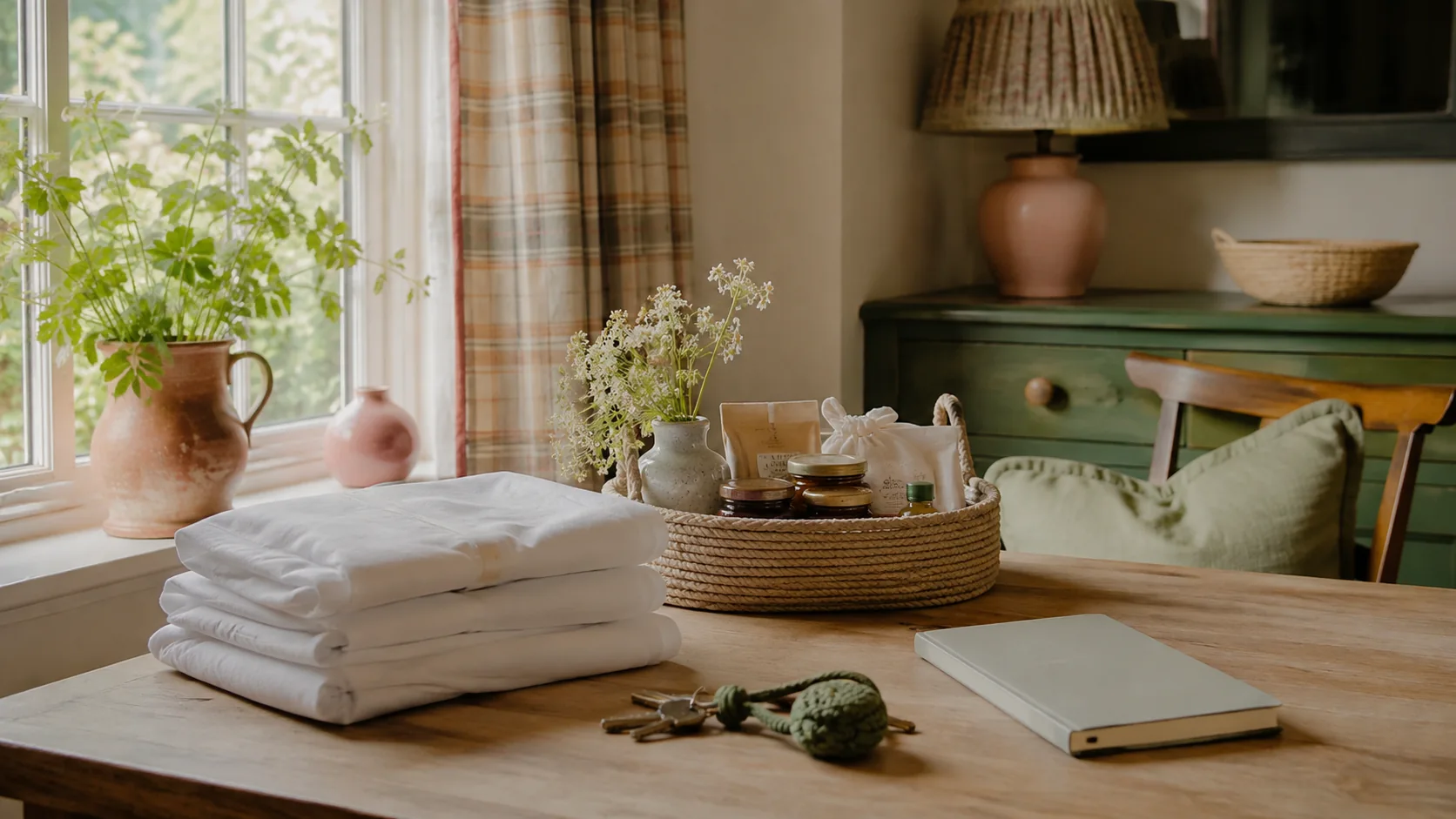 A holiday let sitting room by a window, with folded towels, a set of keys and a notebook on the table.