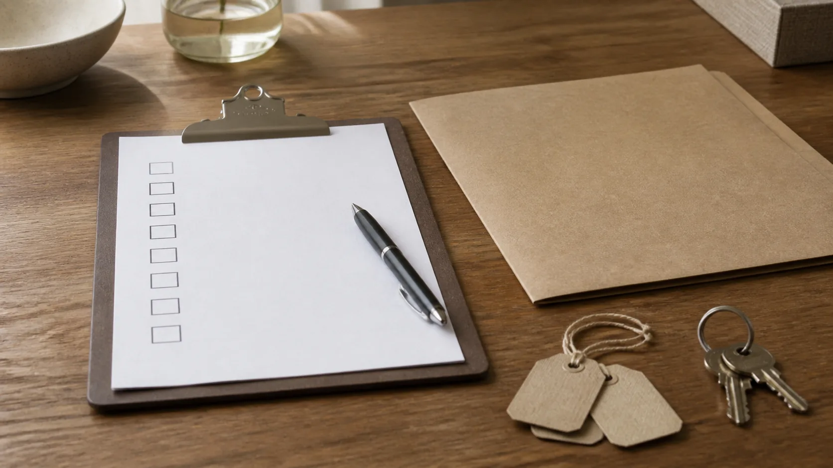 A clipboard with a blank checklist and a pen, a brown folder and a set of labelled keys on a wooden table.