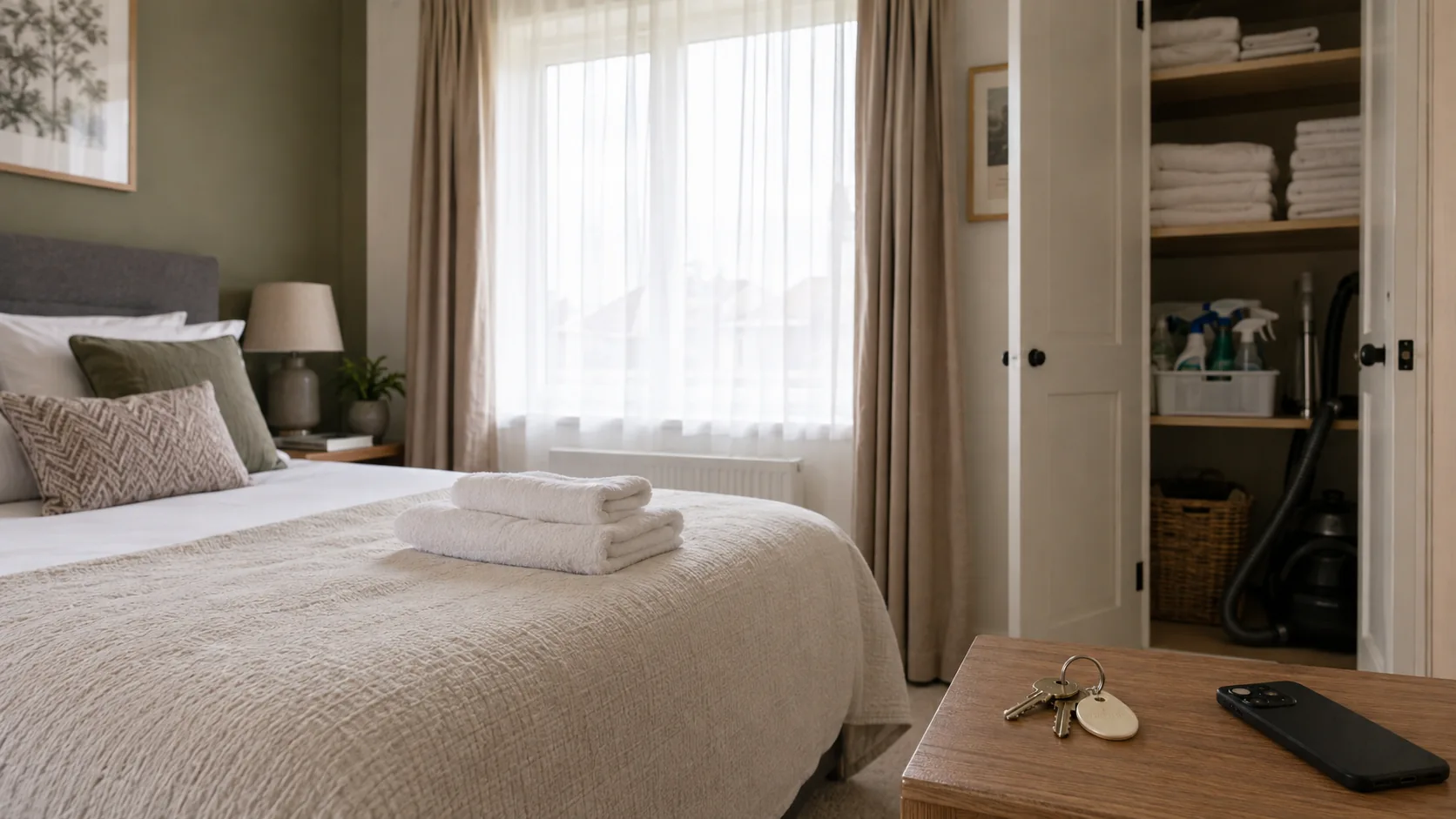 Prepared bedroom with folded towels on the bed, cleaning supplies in an open cupboard, and keys and a phone on a table