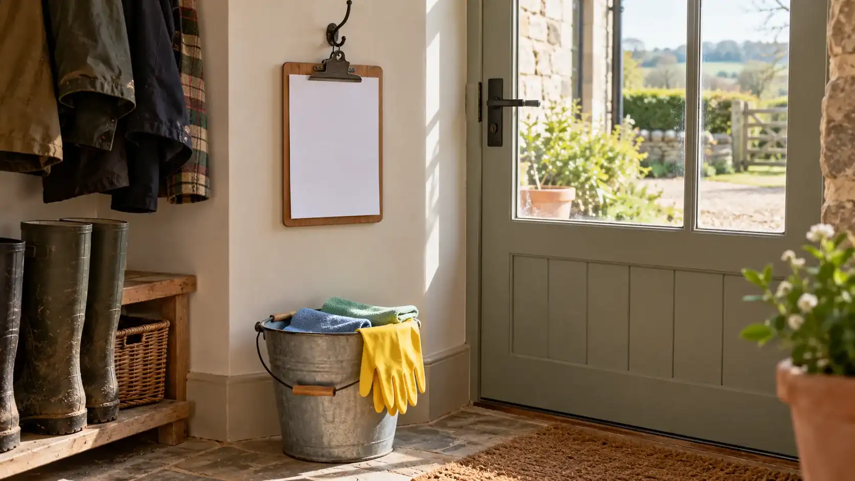Clipboard with a blank sheet on a hook in a boot room above a cleaning bucket and cloths