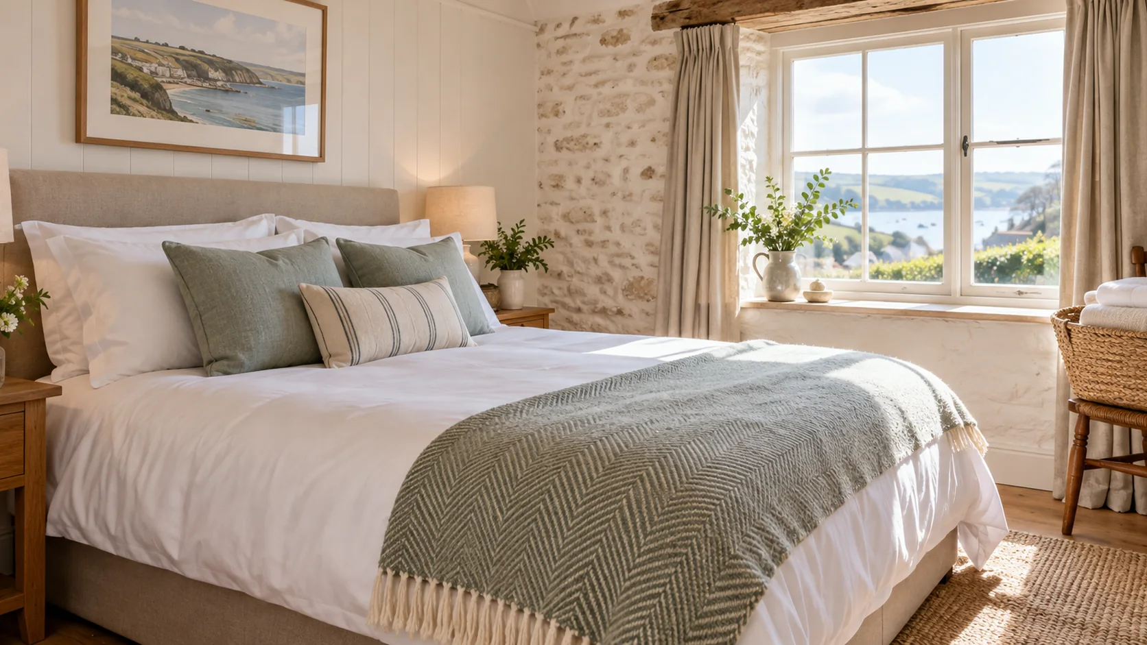 A freshly made double bed in a bright cottage bedroom with a basket of folded towels on a chair