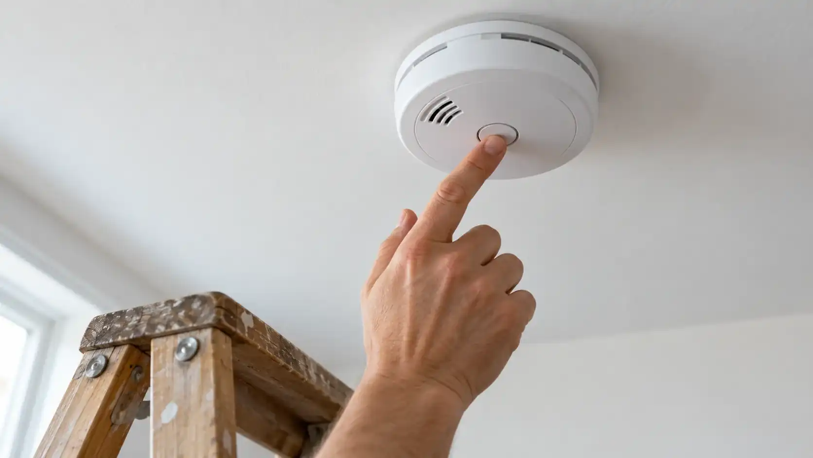 Hand pressing the test button on a ceiling smoke alarm from a stepladder