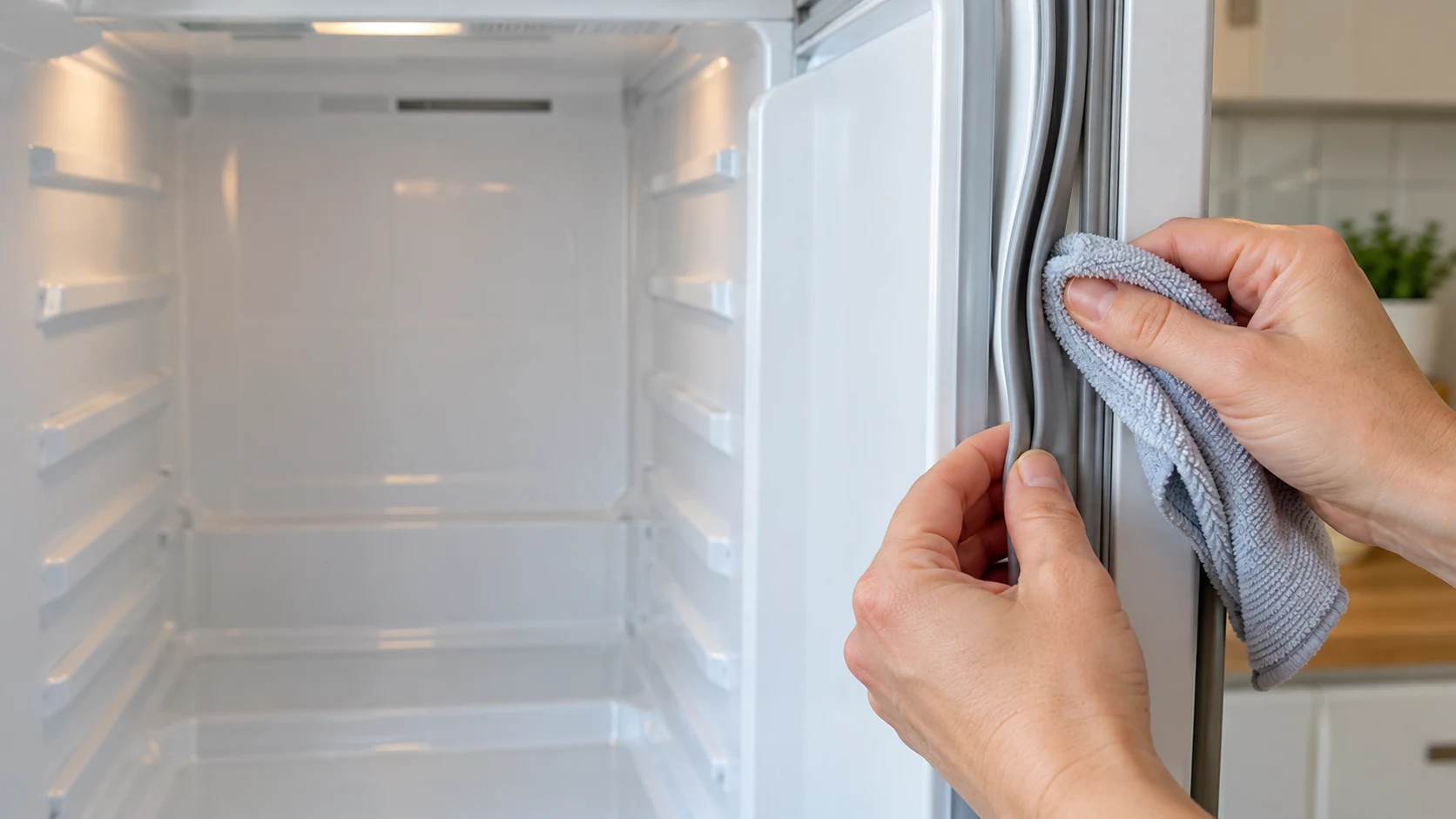 A cloth wiping the folds of the rubber door seal on an empty fridge with the shelves removed